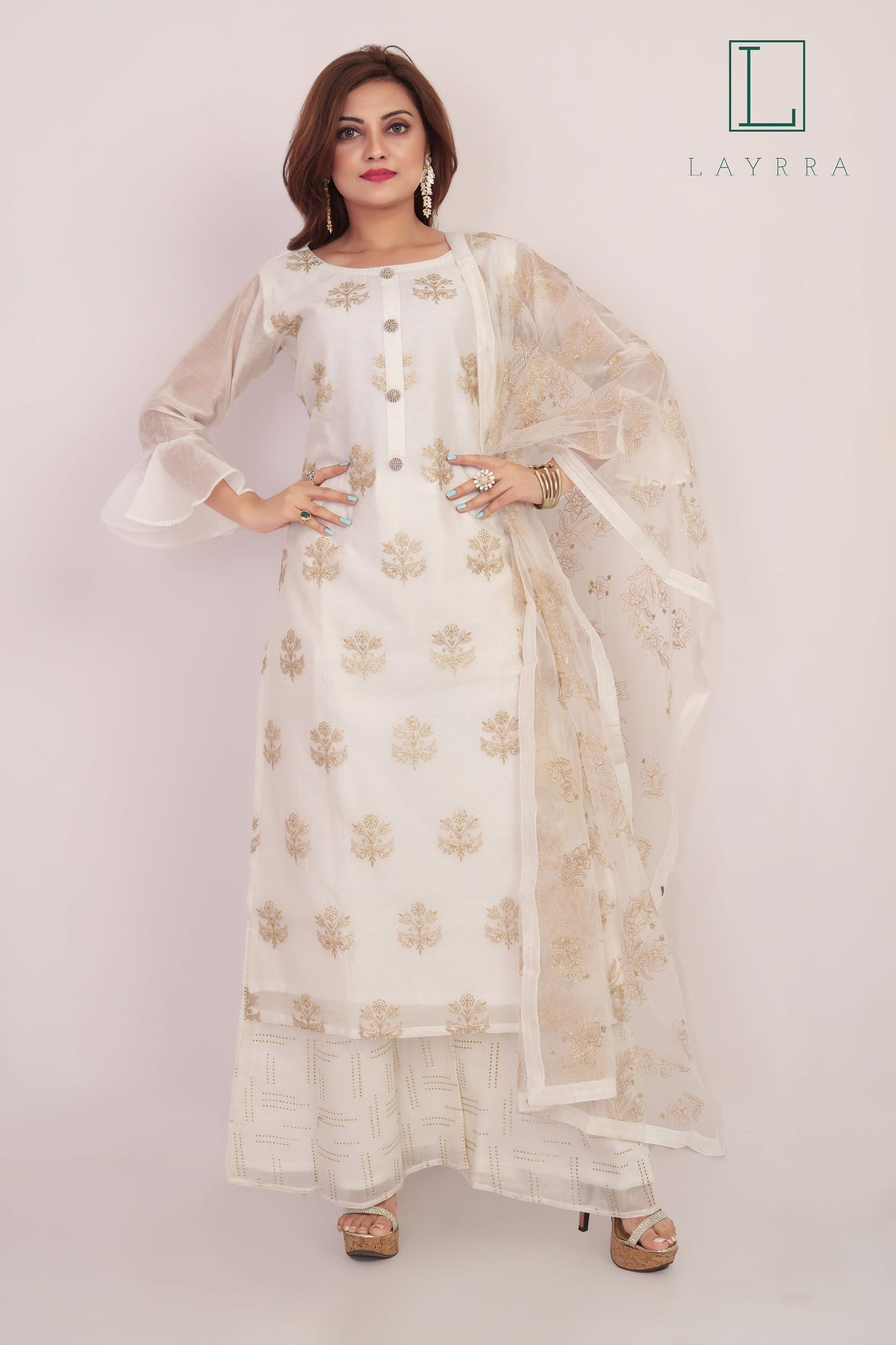 Women White Gold Ethnic Floral Embroidered Kurta with Palazzos & With Dupatta - Complete Set