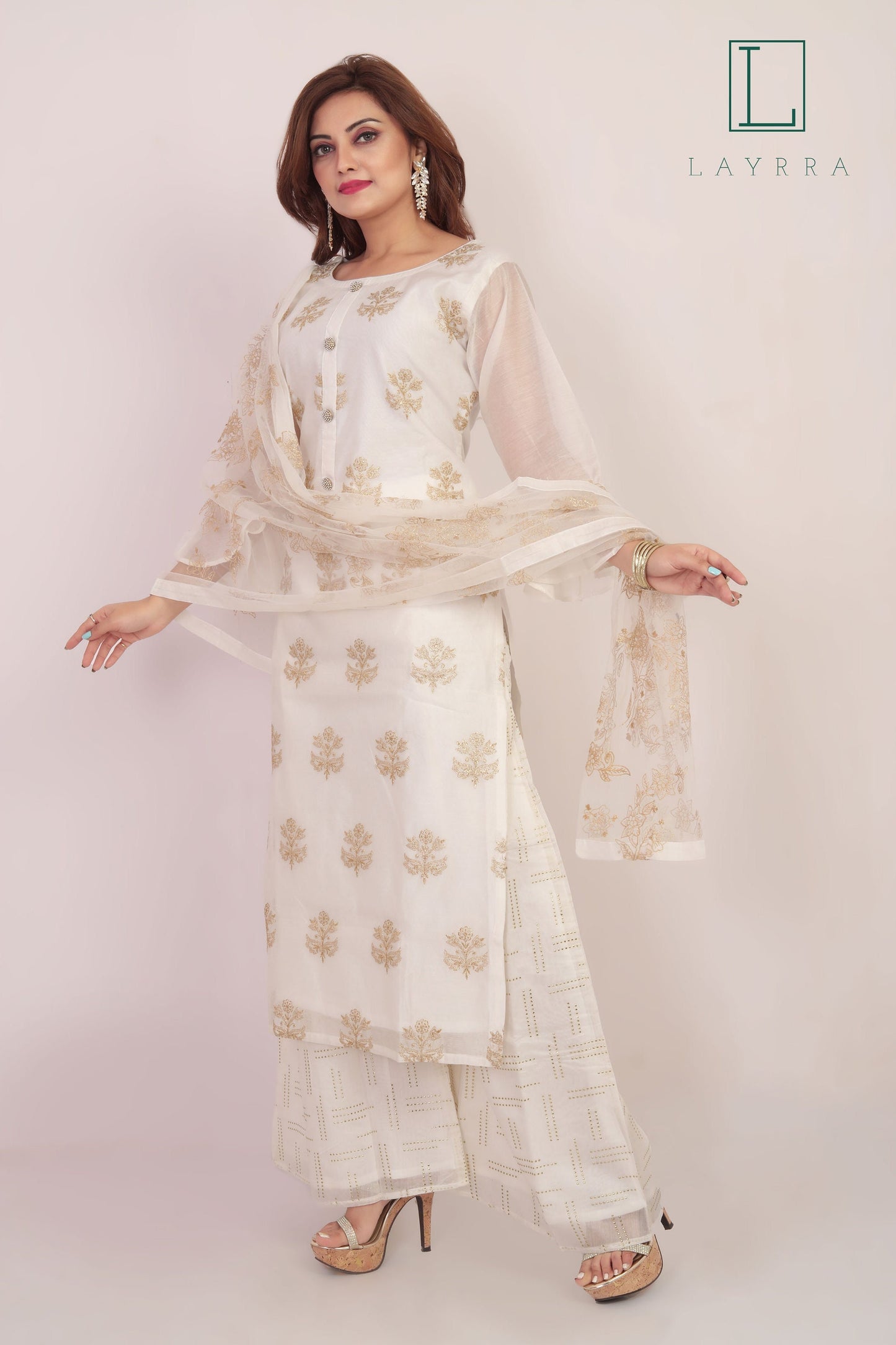 Women White Gold Ethnic Floral Embroidered Kurta with Palazzos & With Dupatta - Complete Set
