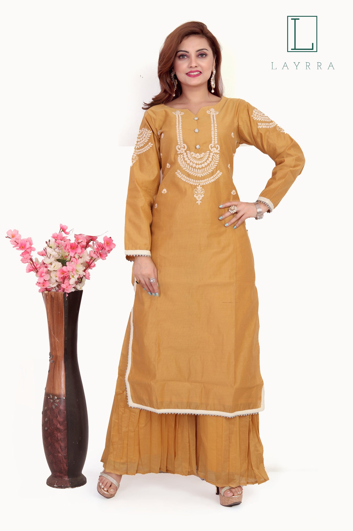 Women Yellow Brown Ethnic Motifs Embroidered Kurta with Palazzos & With Dupatta - Complete Set