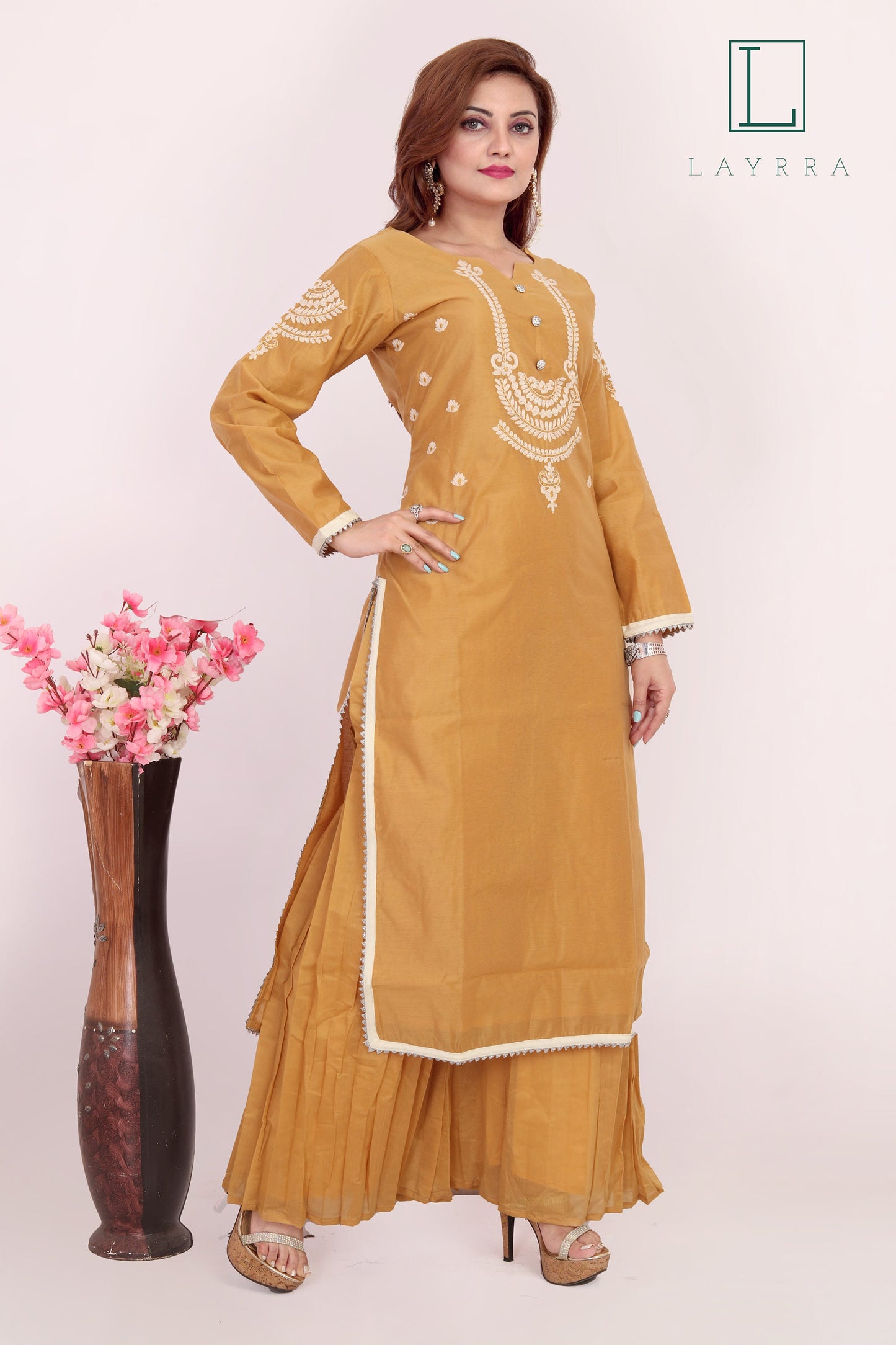 Women Yellow Brown Ethnic Motifs Embroidered Kurta with Palazzos & With Dupatta - Complete Set
