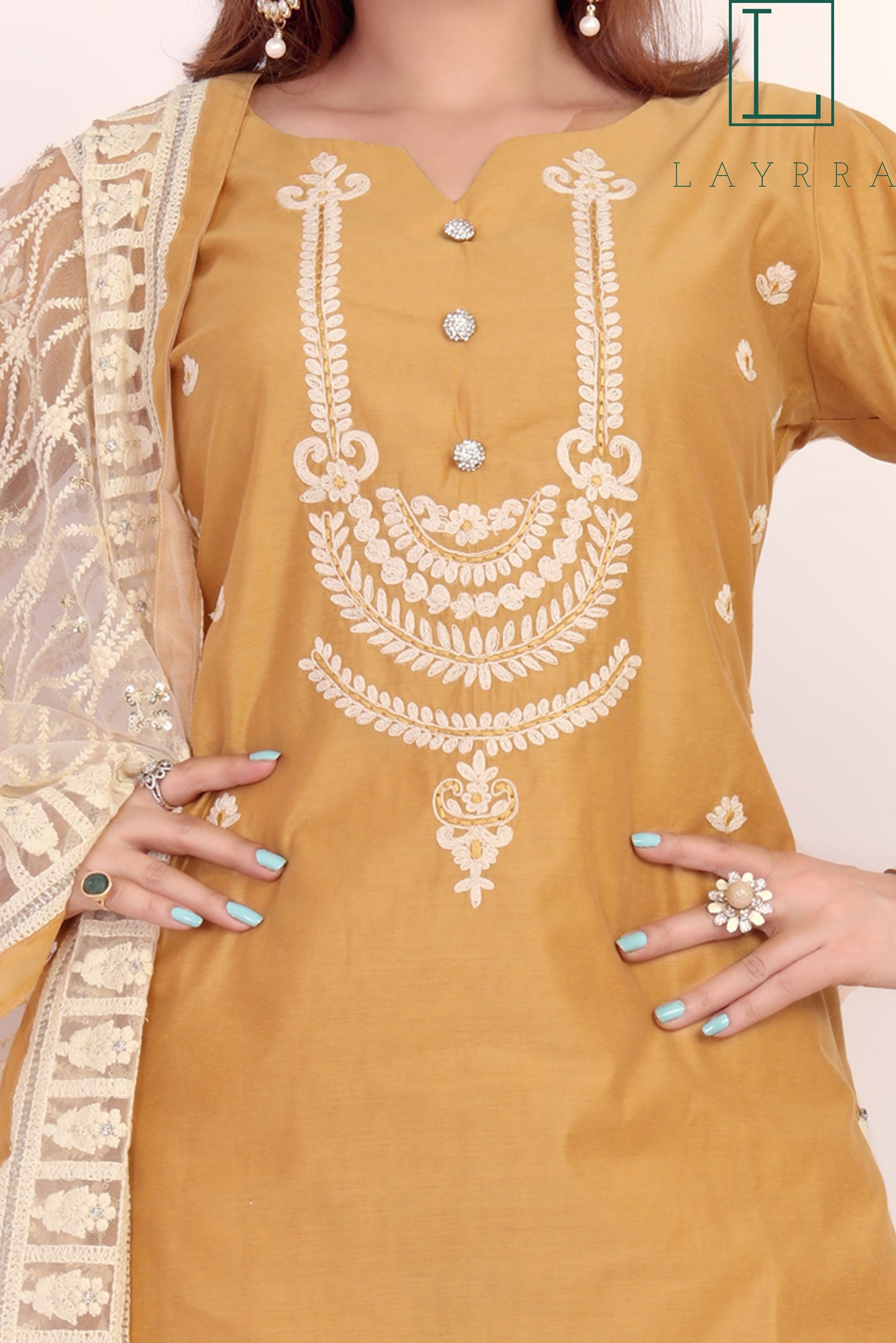 Women Yellow Brown Ethnic Motifs Embroidered Kurta with Palazzos & With Dupatta - Complete Set