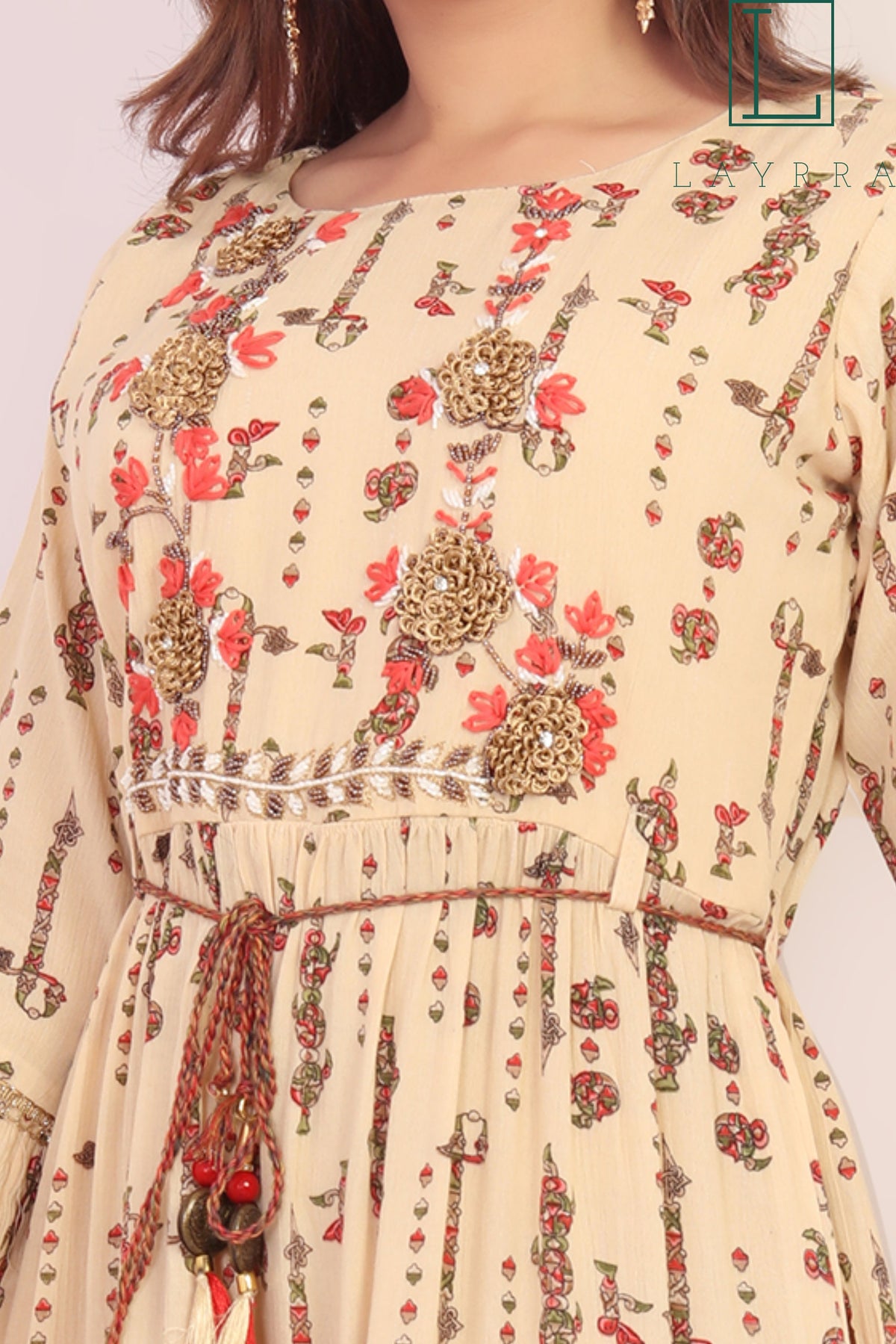 Women Cream Ethnic Floral Print Embroidered Anarkali Kurta with Latkan