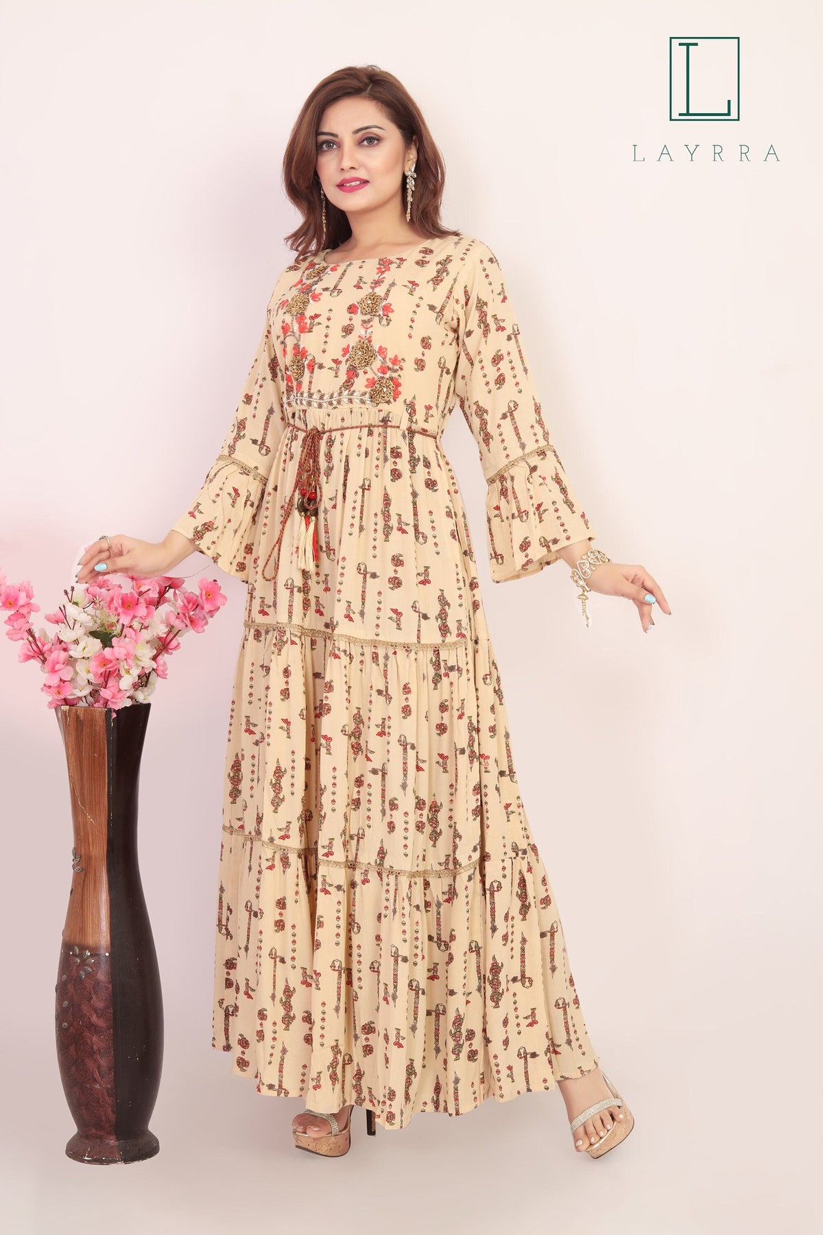 Women Cream Ethnic Floral Print Embroidered Anarkali Kurta with Latkan