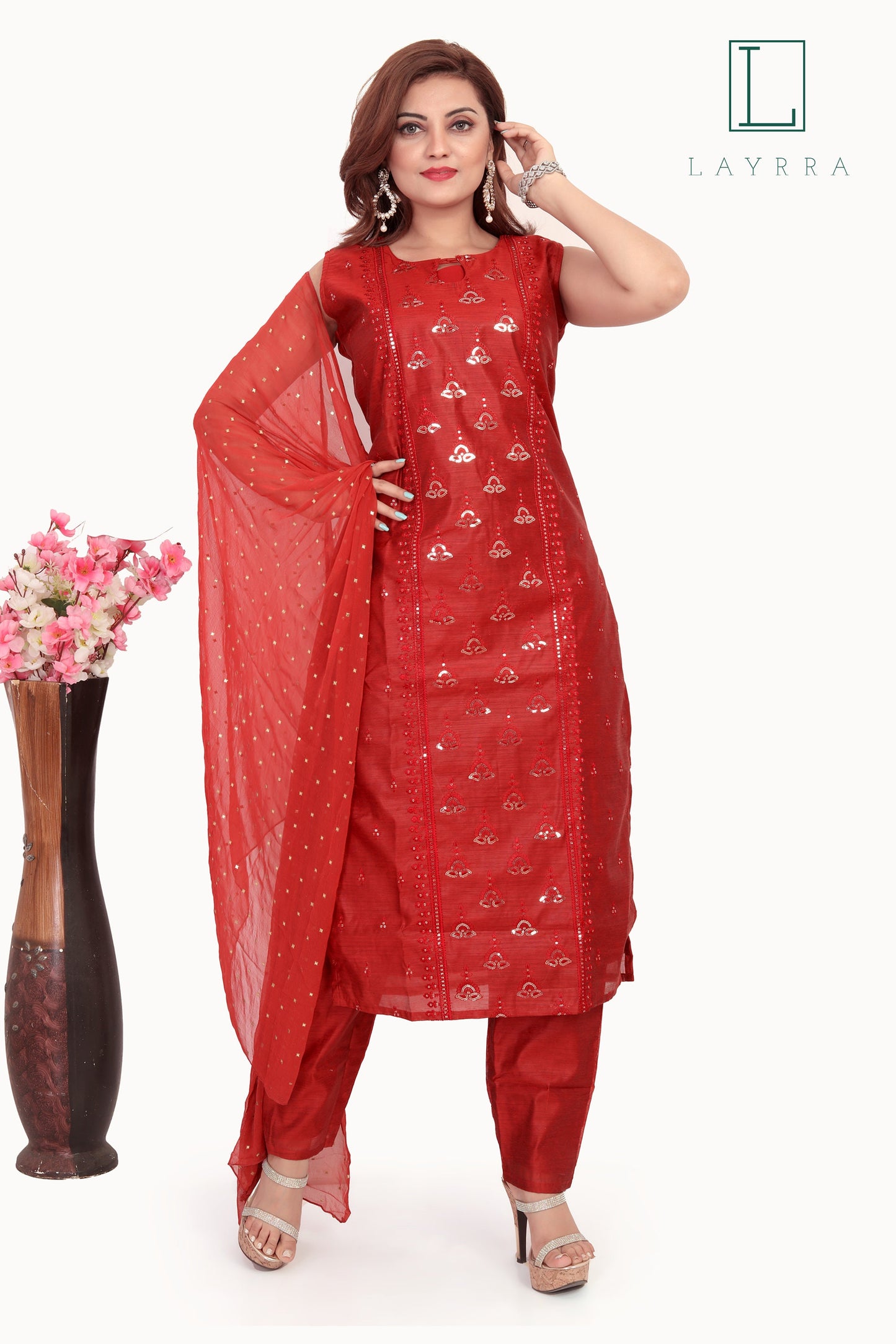 Women Dark Red Ethnic Motifs Sequinned Kurta with Pants & With Dupatta - Complete Set