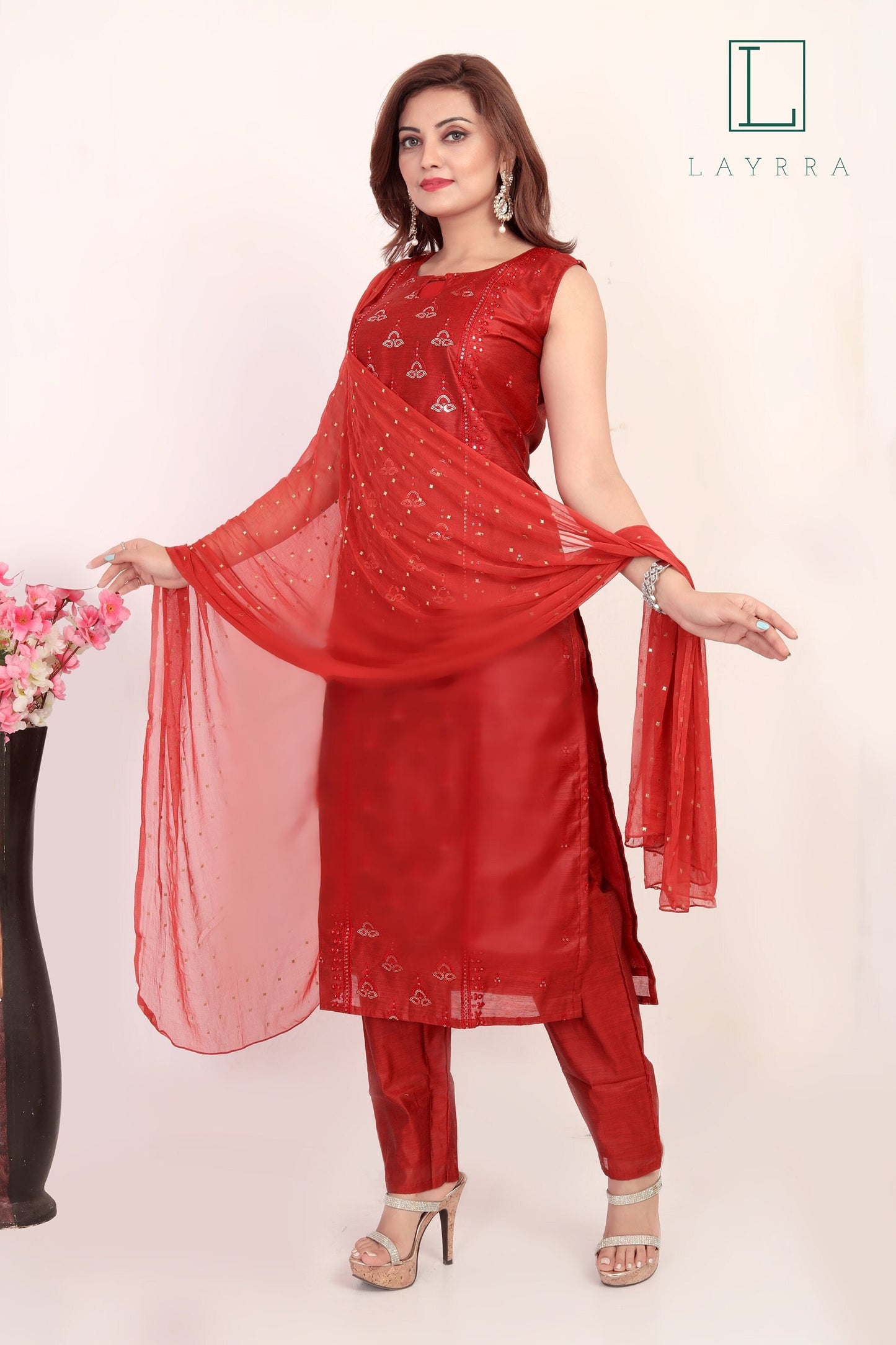 Women Dark Red Ethnic Motifs Sequinned Kurta with Pants & With Dupatta - Complete Set