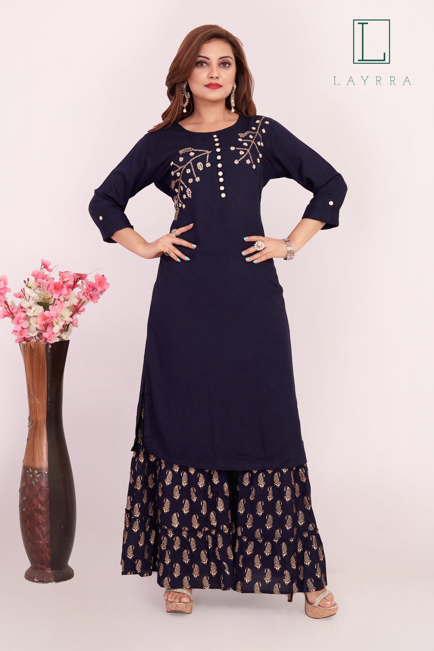 Women Navy Blue & Gold Ethnic Embroidered Kurta with Gold Motifs Print Palazzos - Complete Set