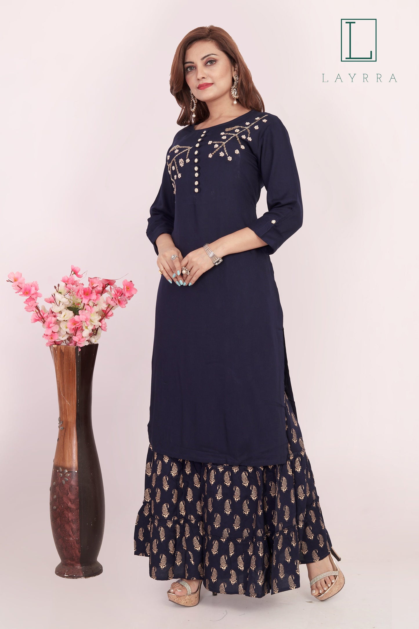Women Navy Blue & Gold Ethnic Embroidered Kurta with Gold Motifs Print Palazzos - Complete Set