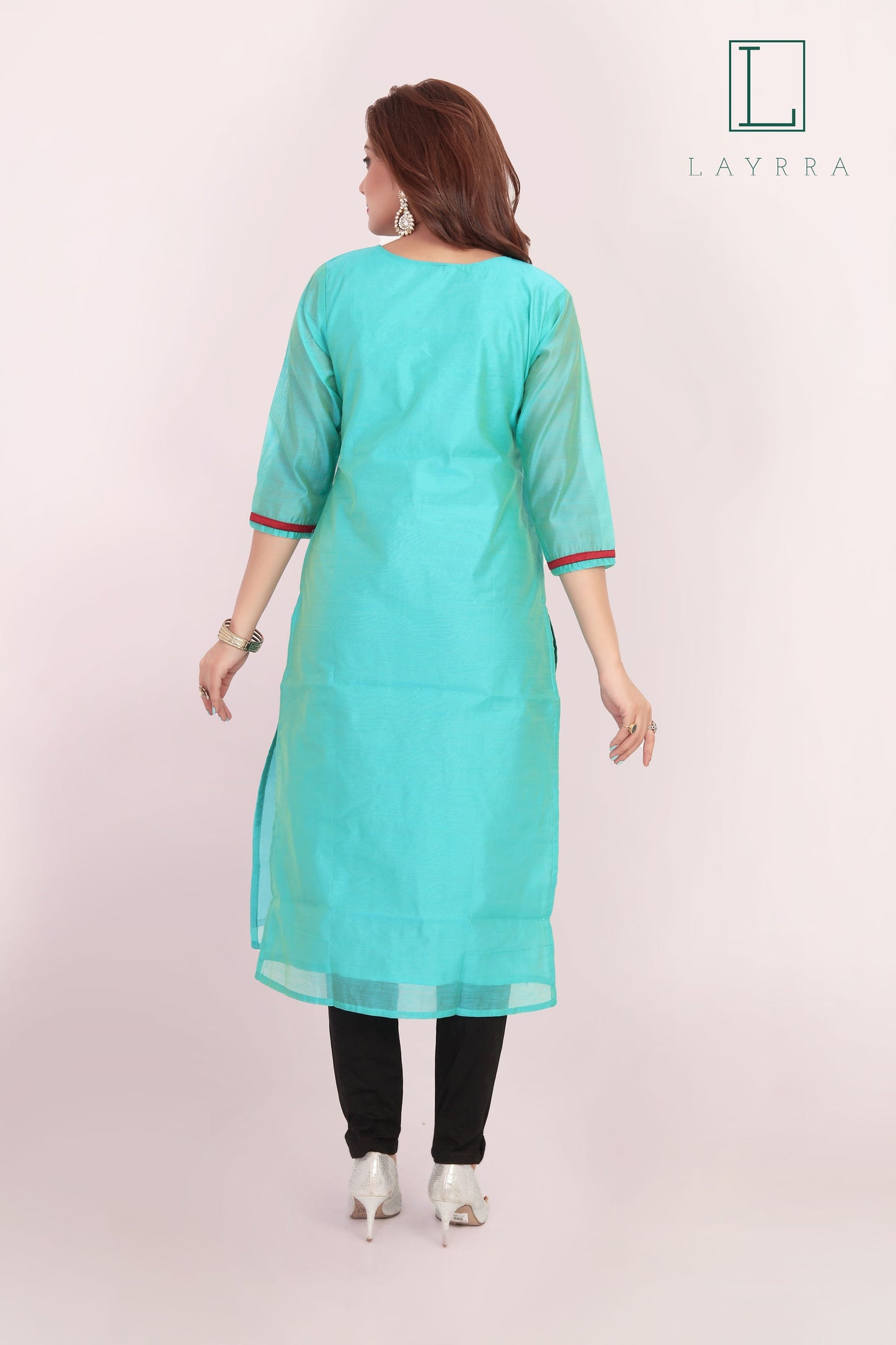 Women Turquoise Ethnic Motifs Embroidered Mirror work Kurta with Trousers