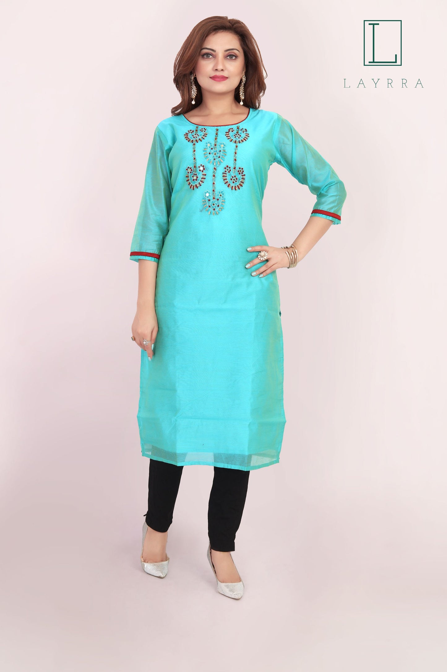 Women Turquoise Ethnic Motifs Embroidered Mirror work Kurta with Trousers