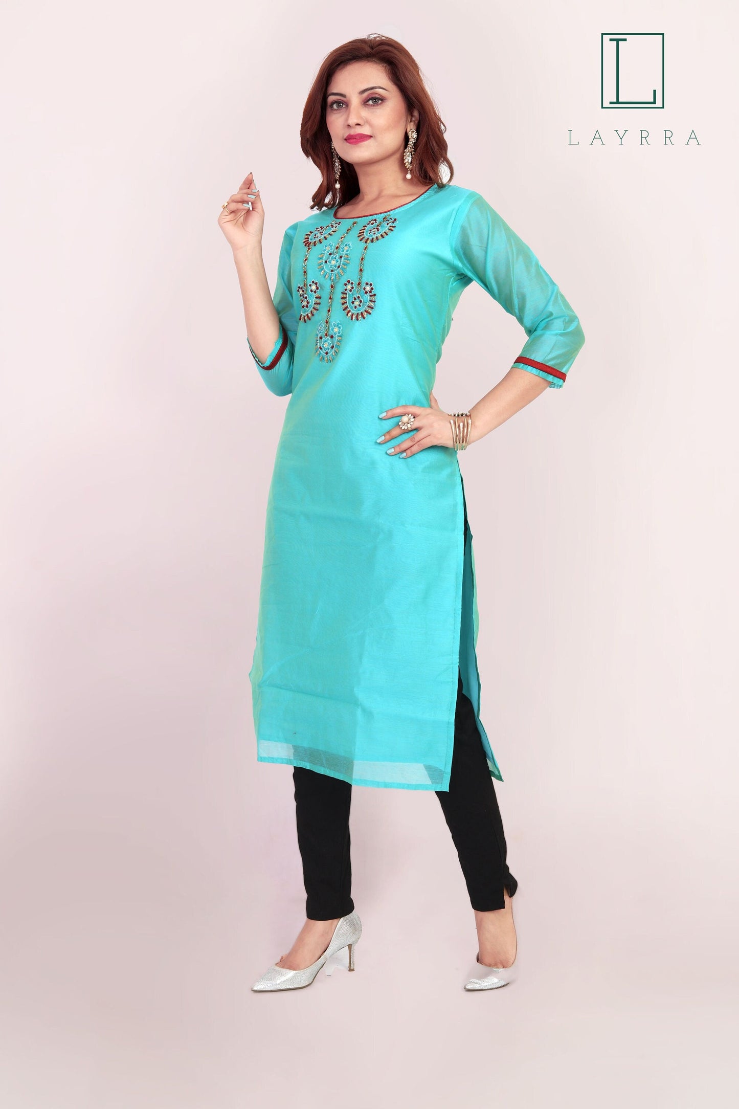 Women Turquoise Ethnic Motifs Embroidered Mirror work Kurta with Trousers