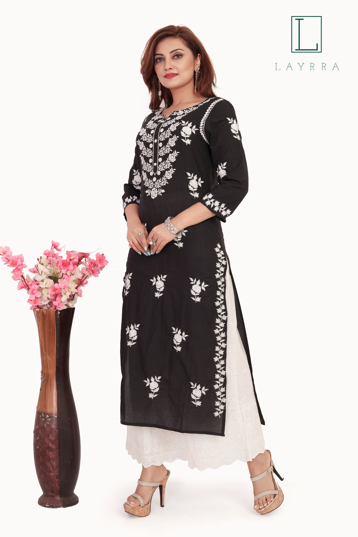 Women Black and White Ethnic Floral Embroidered Kurta with Palazzos - Complete Set