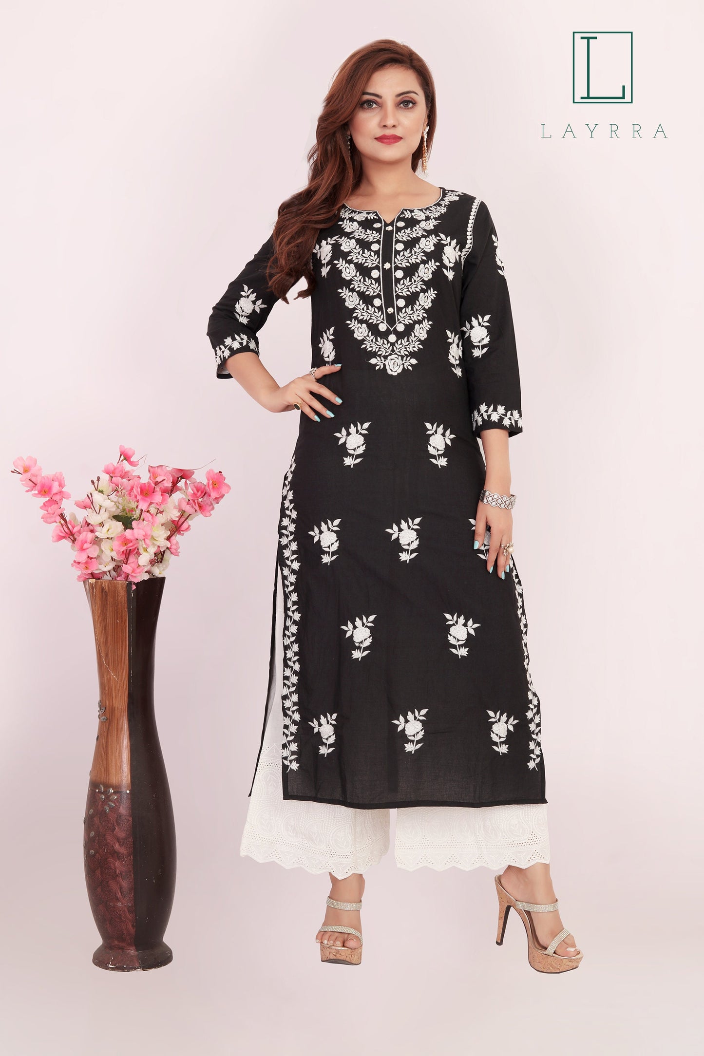 Women Black and White Ethnic Floral Embroidered Kurta with Palazzos - Complete Set