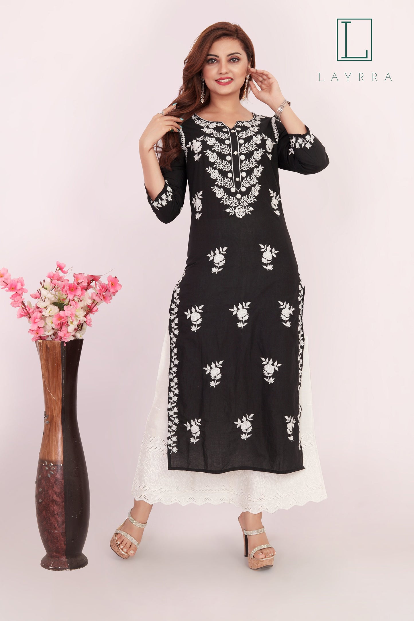Women Black and White Ethnic Floral Embroidered Kurta with Palazzos - Complete Set