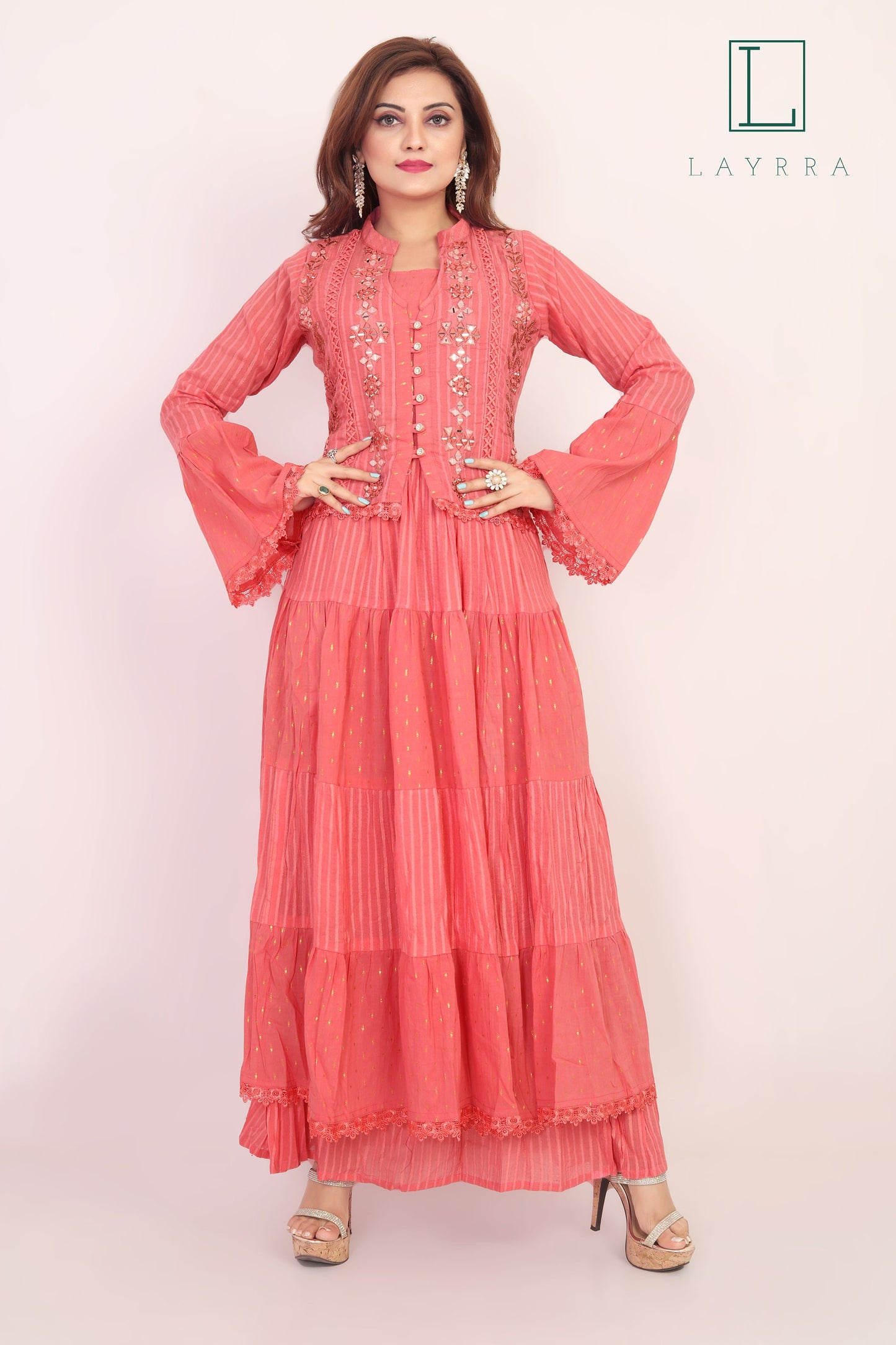 Women Pink Ethnic Koti Style Embroidered Anarkali Kurta - Complete Set