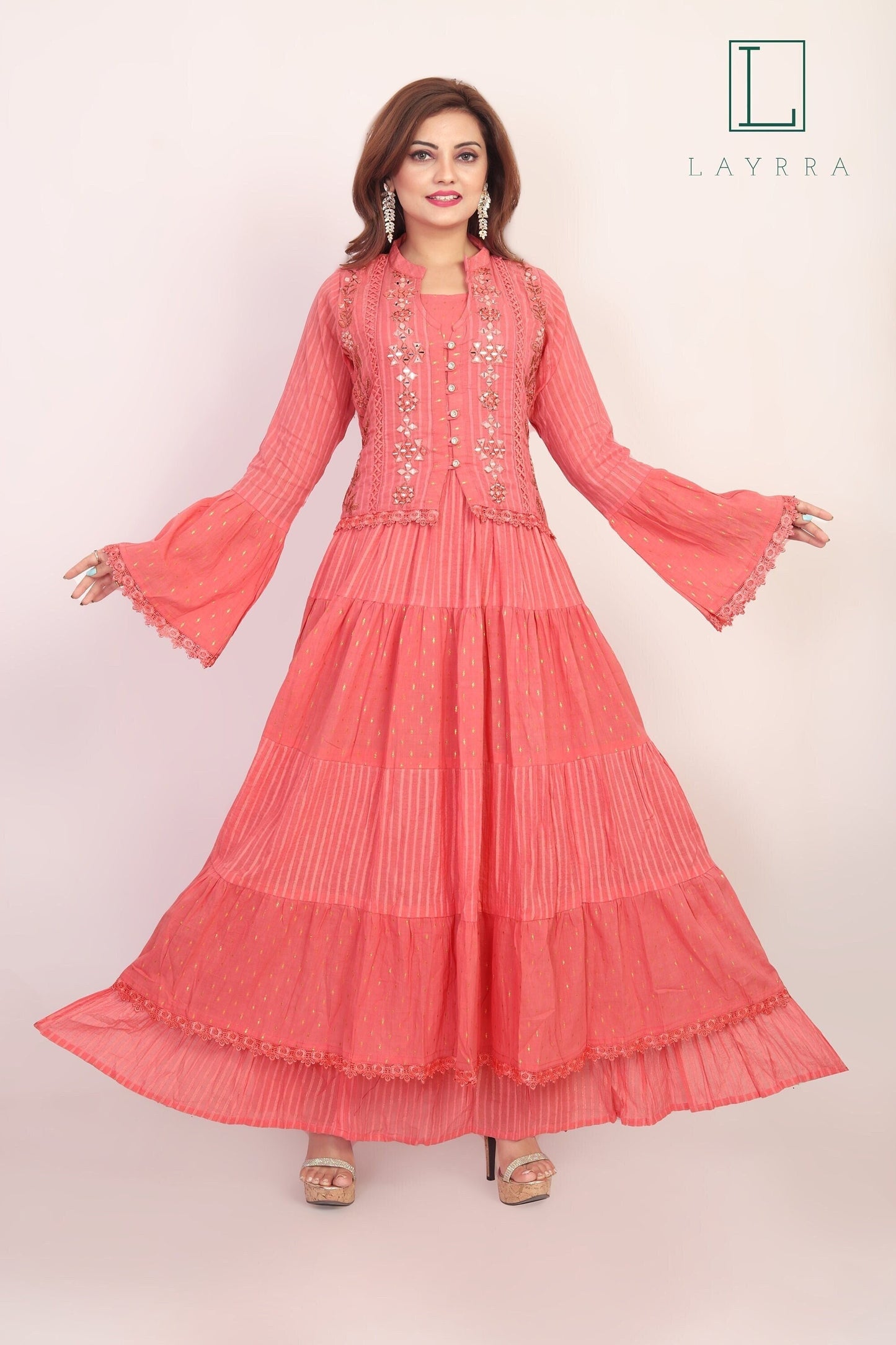 Women Pink Ethnic Koti Style Embroidered Anarkali Kurta - Complete Set