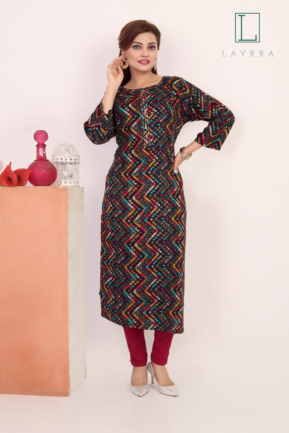 Women Midnight Blue Ethnic Zig Zag Print Kurta with Trousers