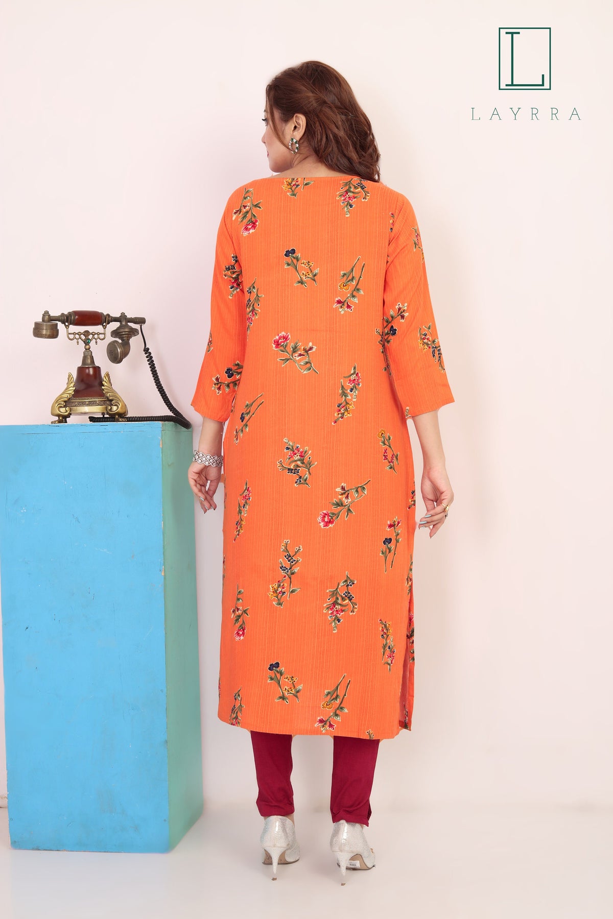 Women Orange Ethnic Floral Print Embroidered Mirror work Kurta with Trousers