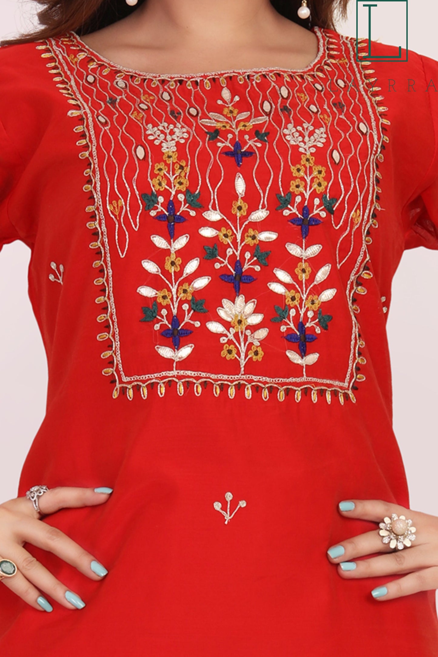 Women Red Ethnic Floral Embroidered Kurta with Red Pants - Complete Set