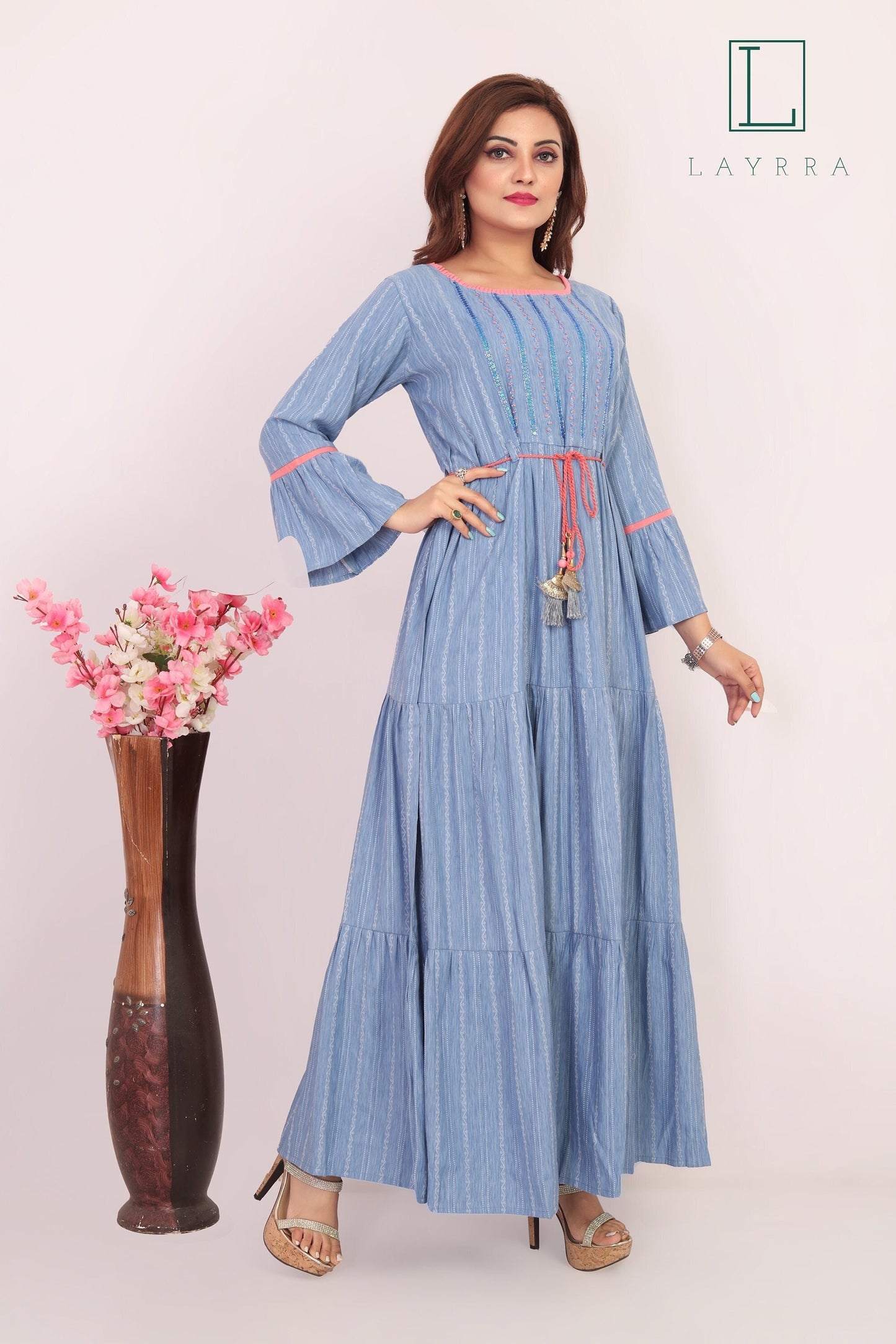 Women Sky Blue Ethnic Sequinned Anarkali Kurta with Latkan - Complete Set