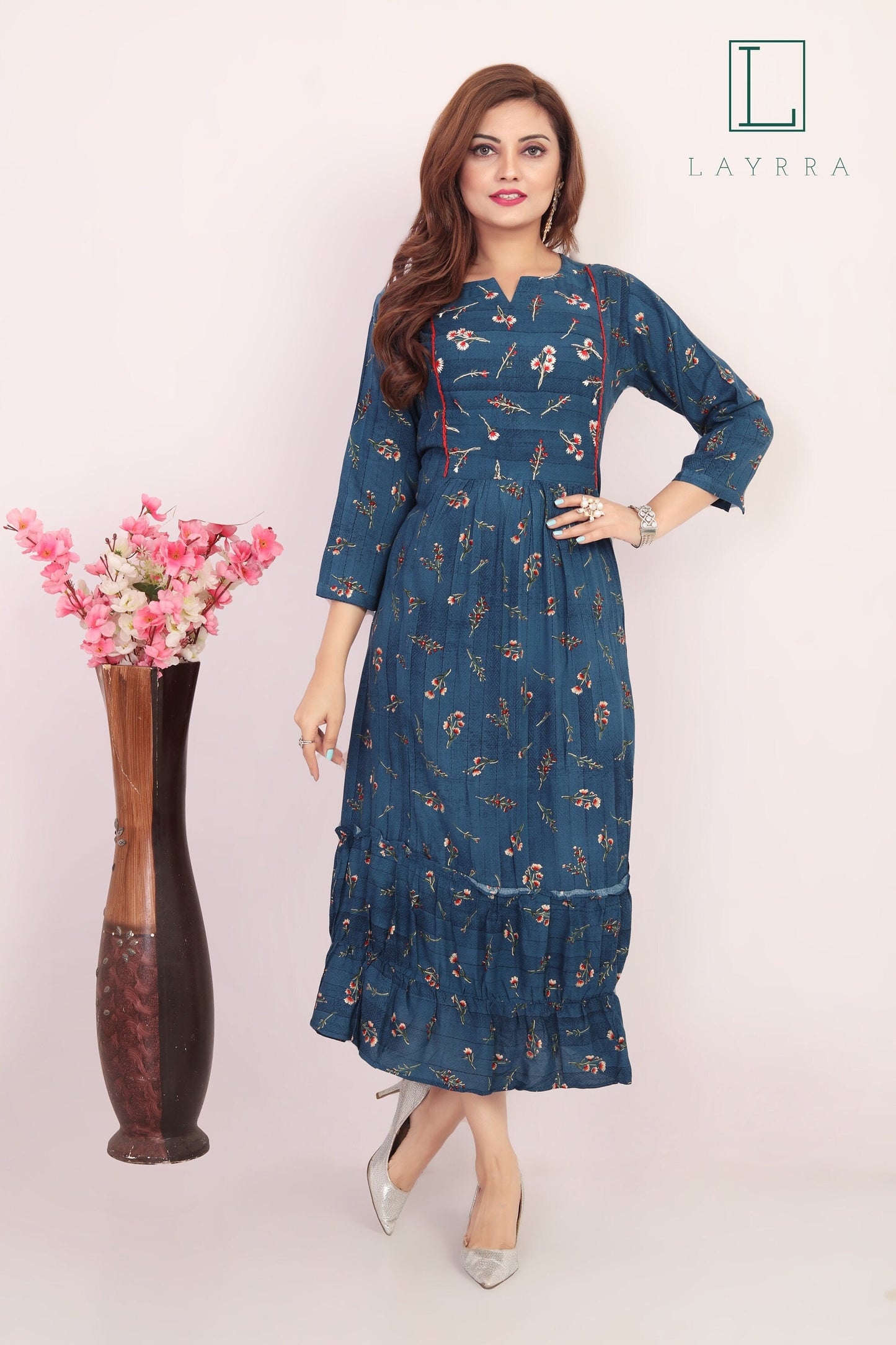 Women Turkish Blue Ethnic Floral Print Embroidered Kurta
