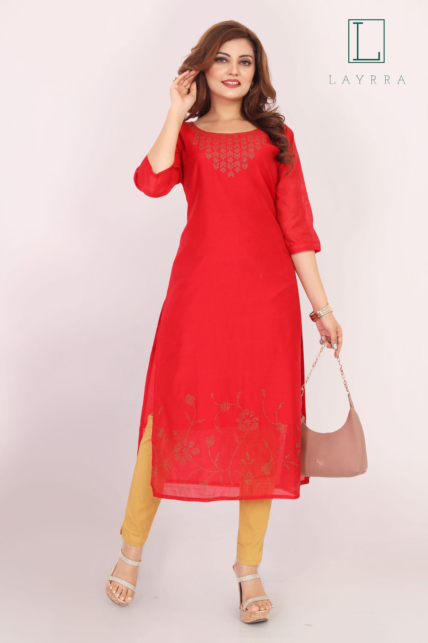 Women Red Ethnic Casual/Party Wear Zari Work Kurta with Trousers