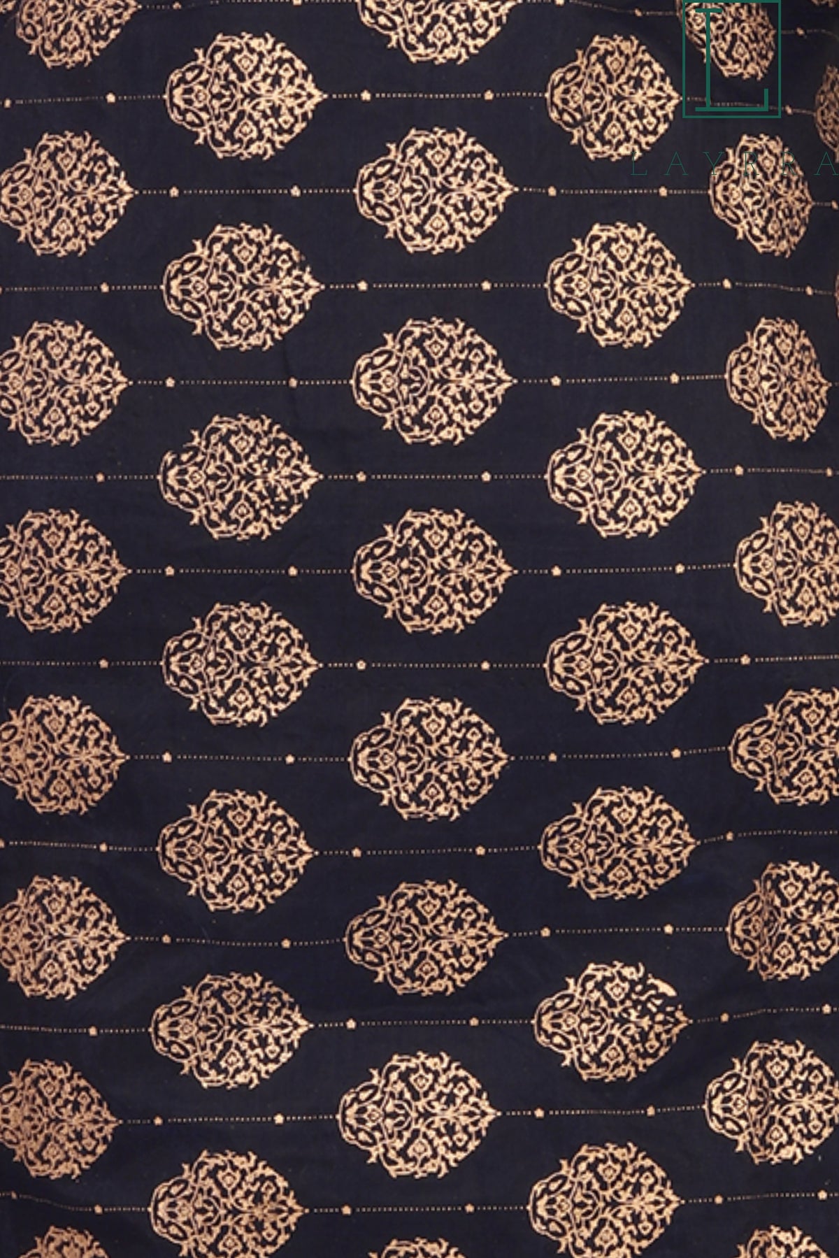 Women Navy Blue & Gold Motifs Print Zari Work Kurta with Trousers