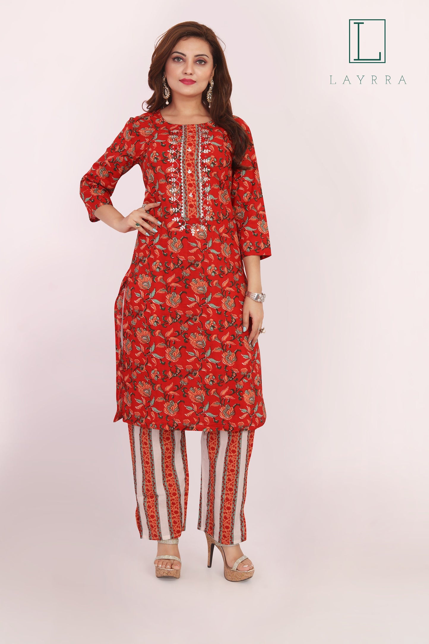 Women Red Orange and White Floral Print Embroidered Work Kurta with Pants & Dupatta - Complete Set