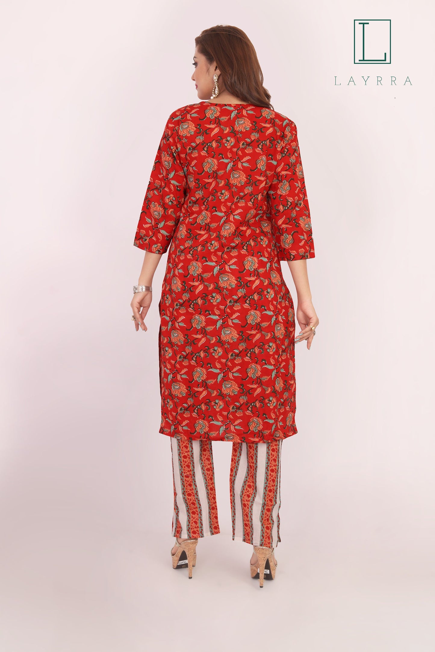 Women Red Orange and White Floral Print Embroidered Work Kurta with Pants & Dupatta - Complete Set