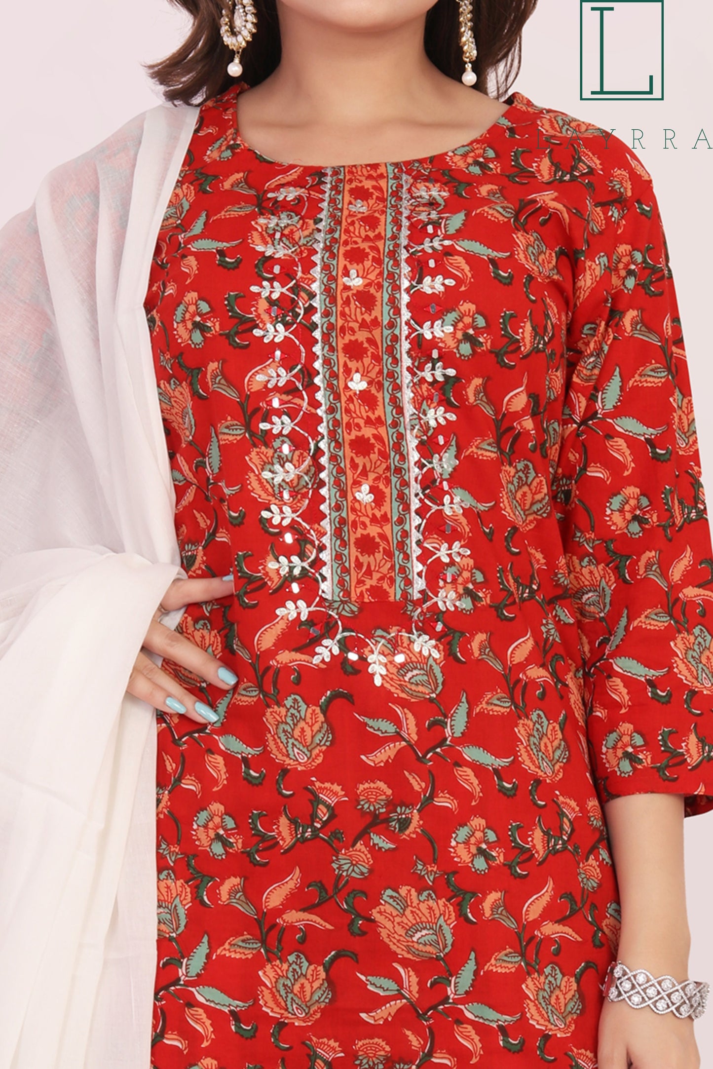 Women Red Orange and White Floral Print Embroidered Work Kurta with Pants & Dupatta - Complete Set