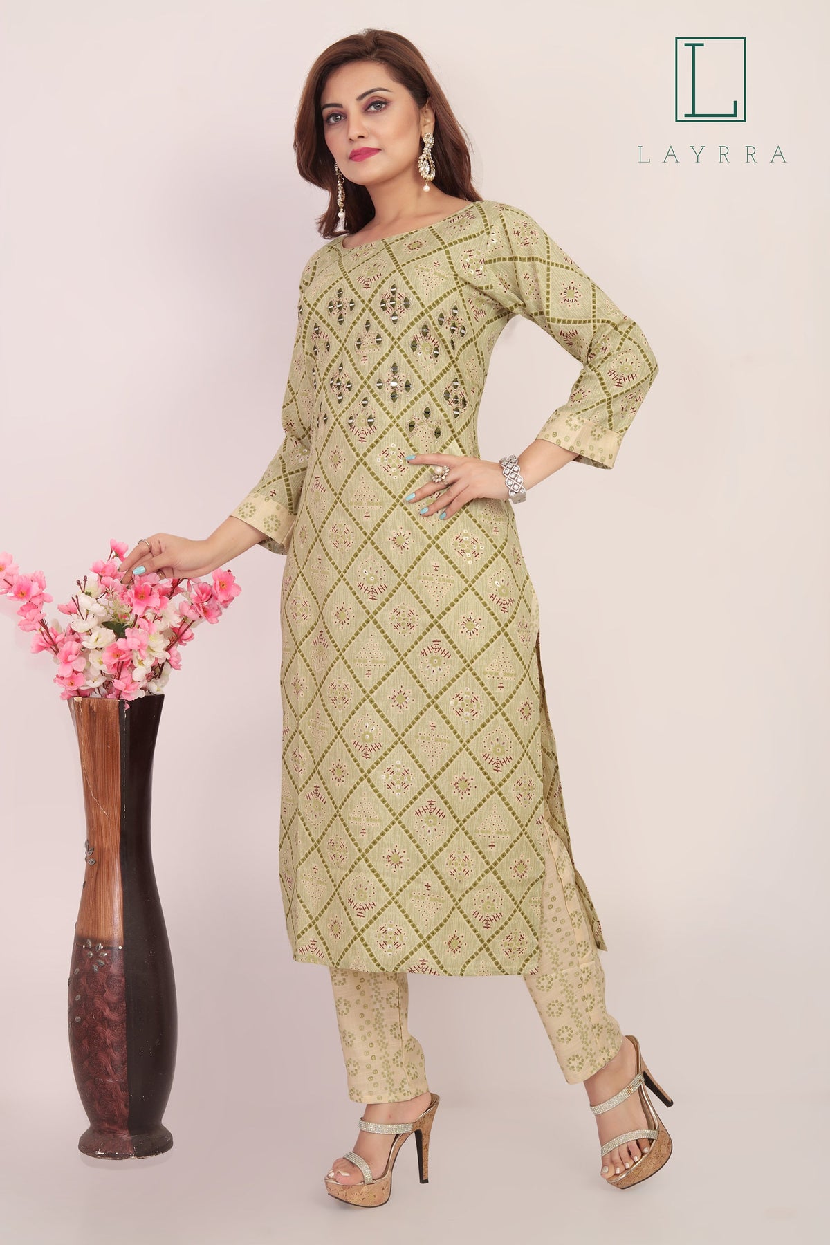 Women Thistle Green Motifs Print Mirror Work Kurta with Pants - Complete Set