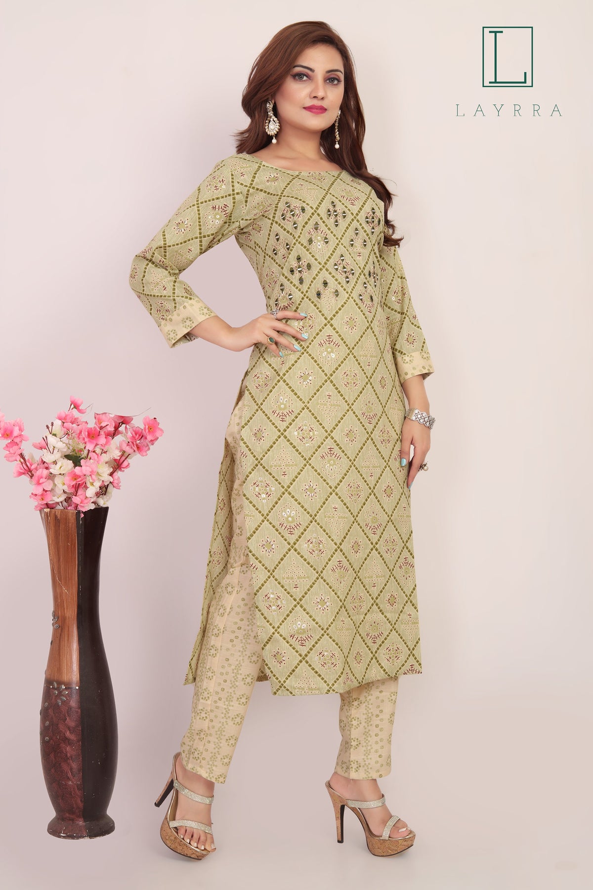 Women Thistle Green Motifs Print Mirror Work Kurta with Pants - Complete Set