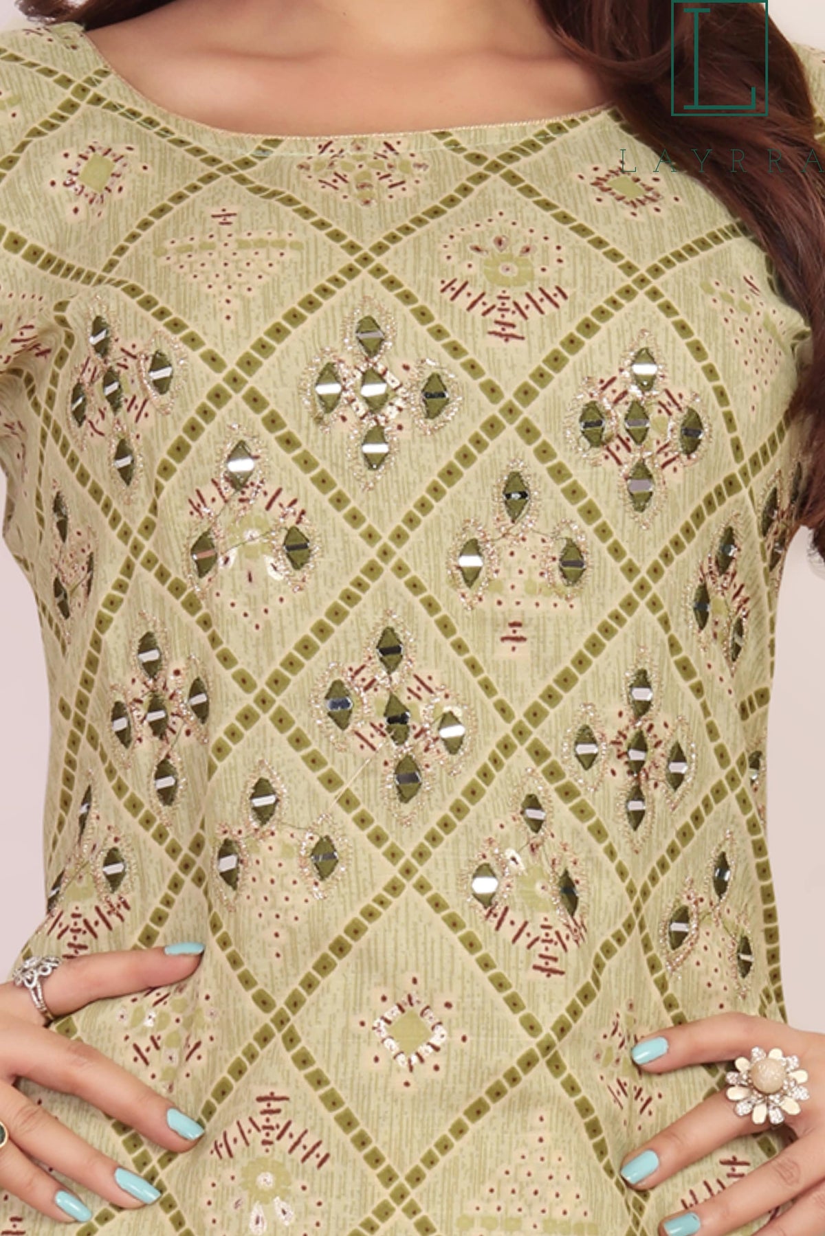 Women Thistle Green Motifs Print Mirror Work Kurta with Pants - Complete Set