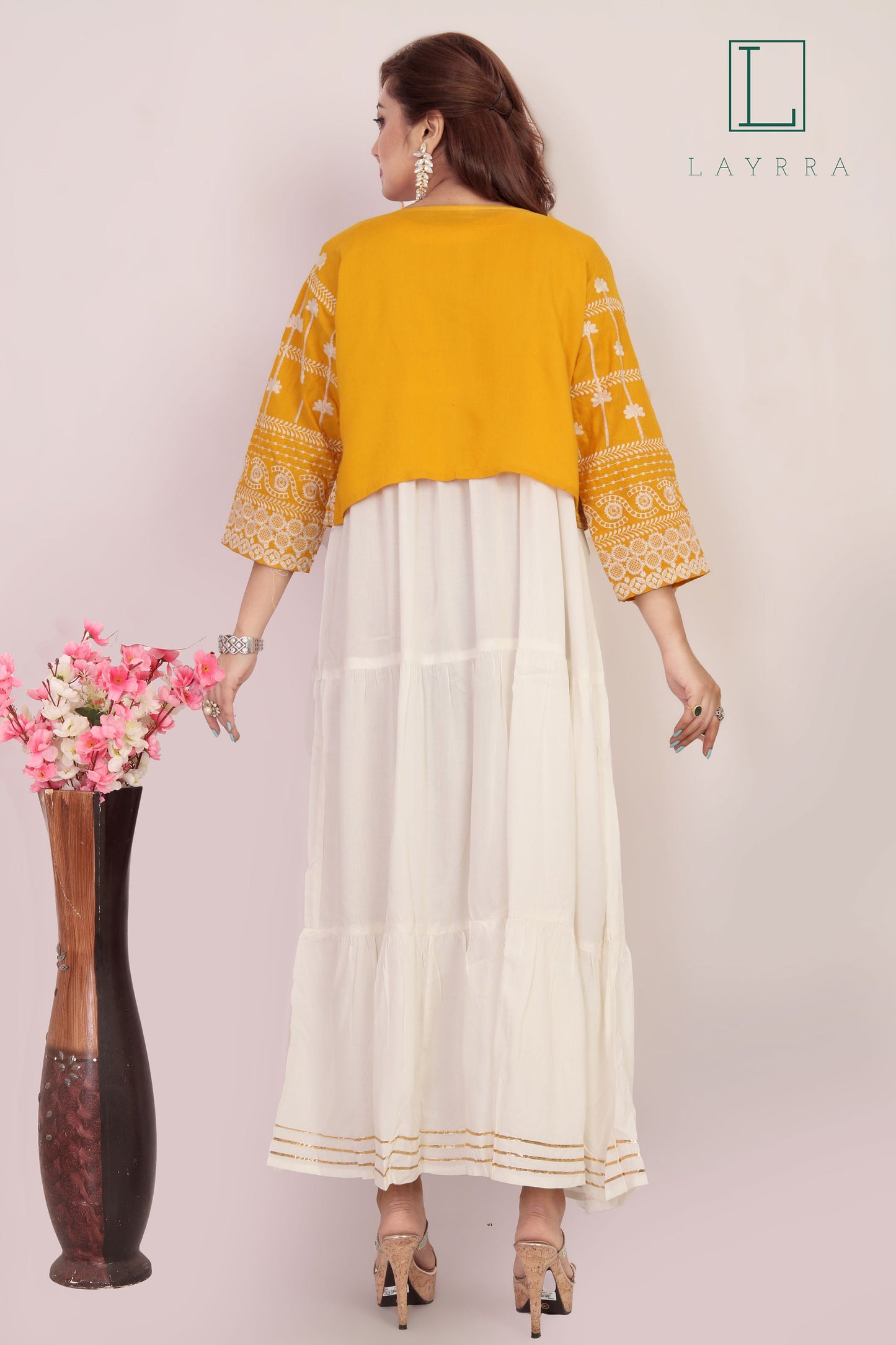 Women Yellow, White & Golden Ethnic Koti Style Embroidered Kurta - Complete Set