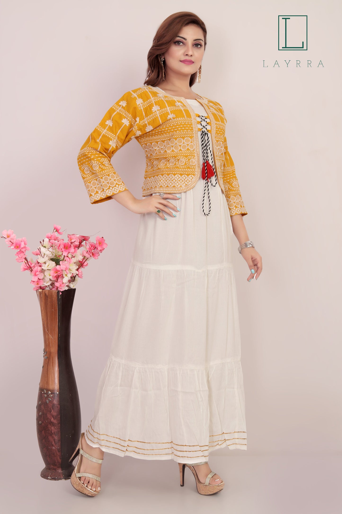 Women Yellow, White & Golden Ethnic Koti Style Embroidered Kurta - Complete Set