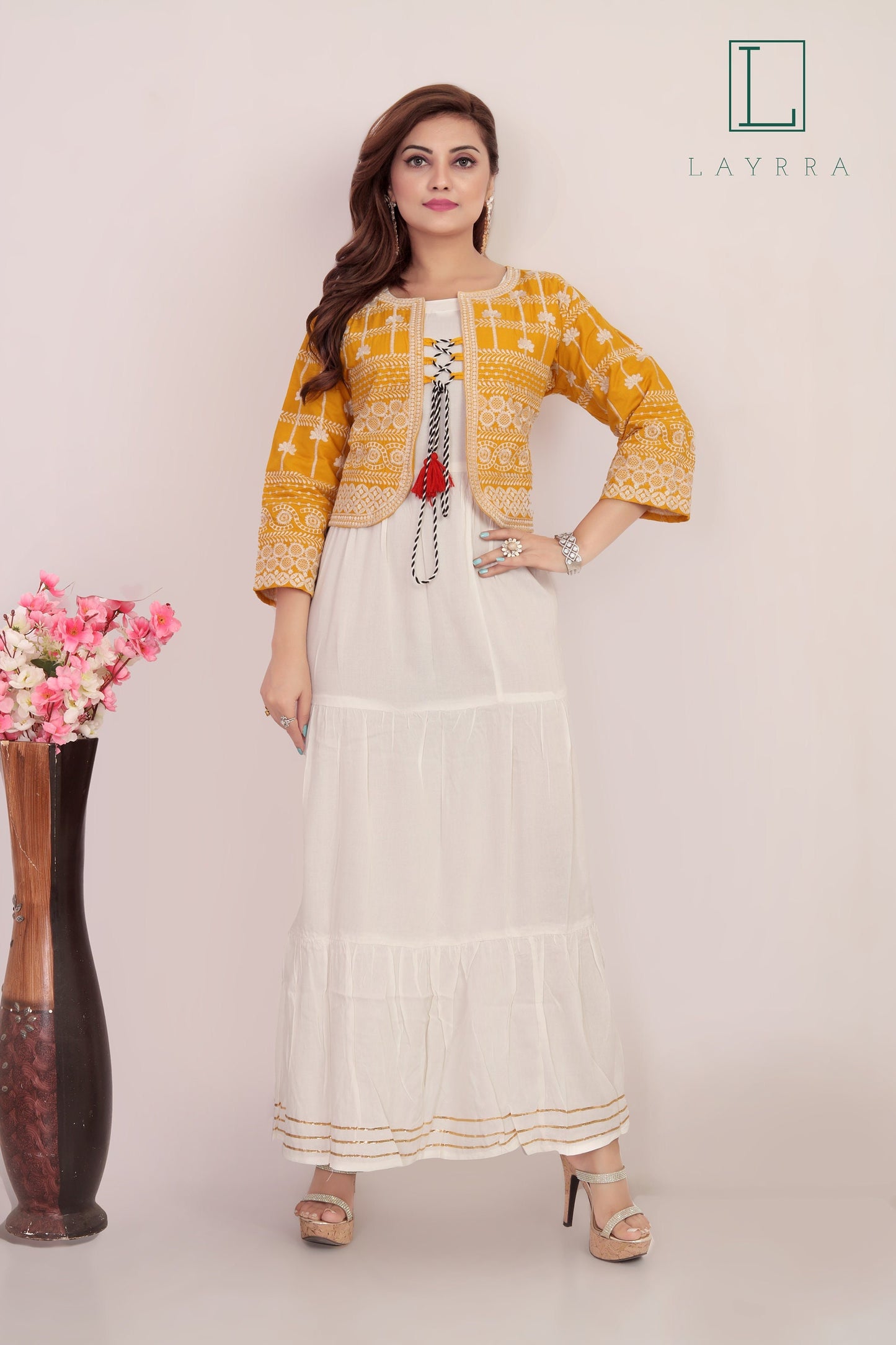 Women Yellow, White & Golden Ethnic Koti Style Embroidered Kurta - Complete Set