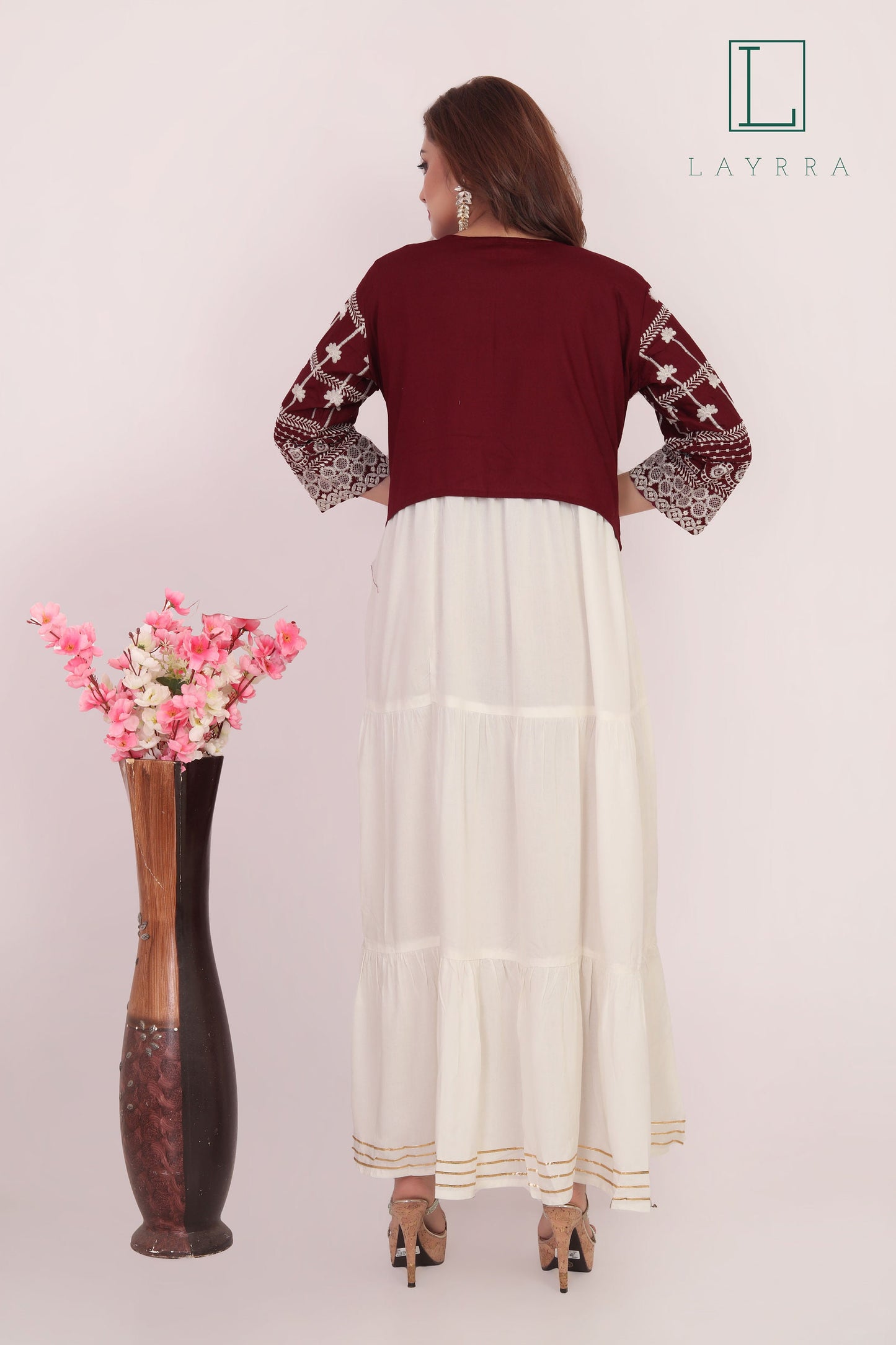 Women Wine Red, White & Golden Ethnic Koti Style Embroidered Kurta - Complete Set