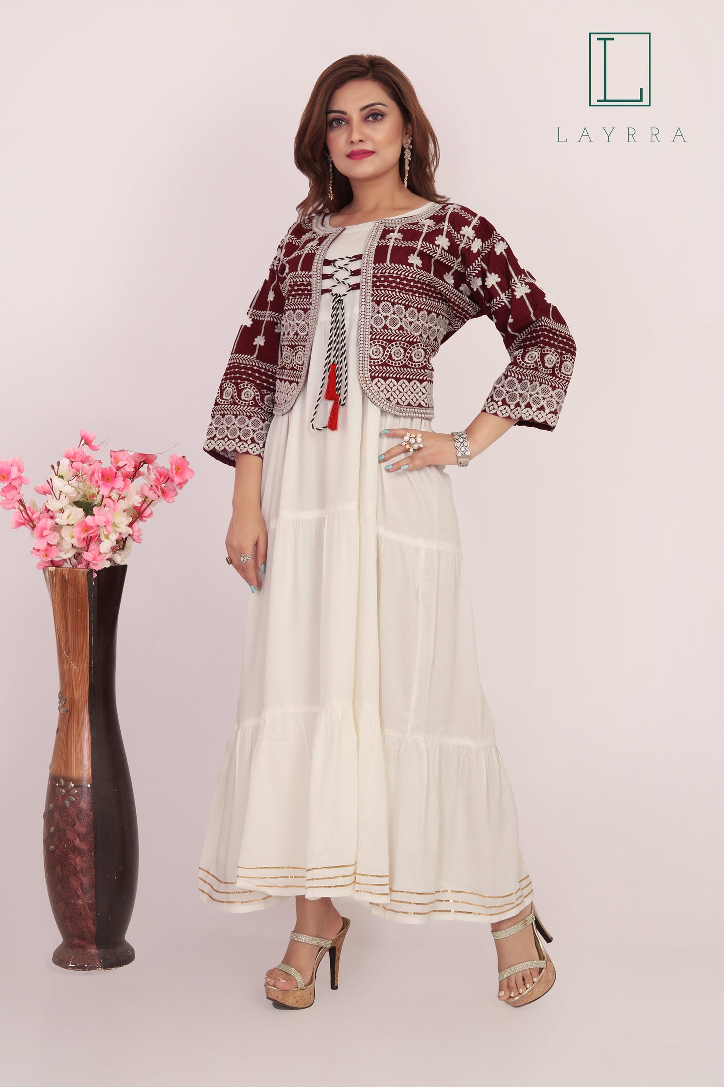 Women Wine Red, White & Golden Ethnic Koti Style Embroidered Kurta - Complete Set