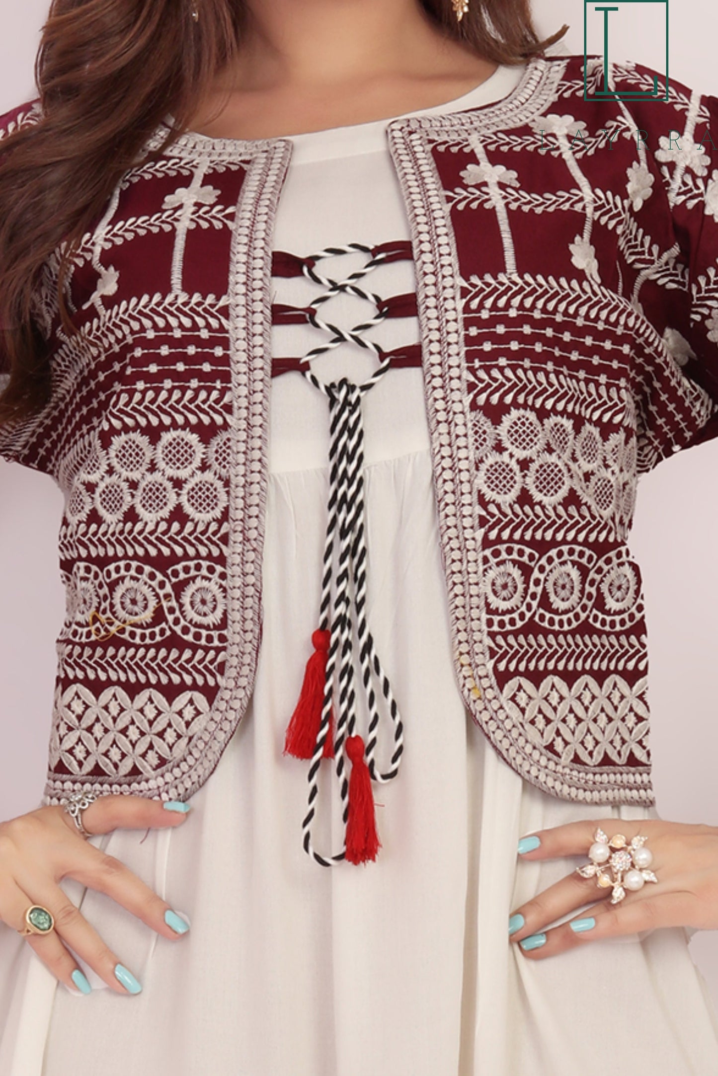 Women Wine Red, White & Golden Ethnic Koti Style Embroidered Kurta - Complete Set