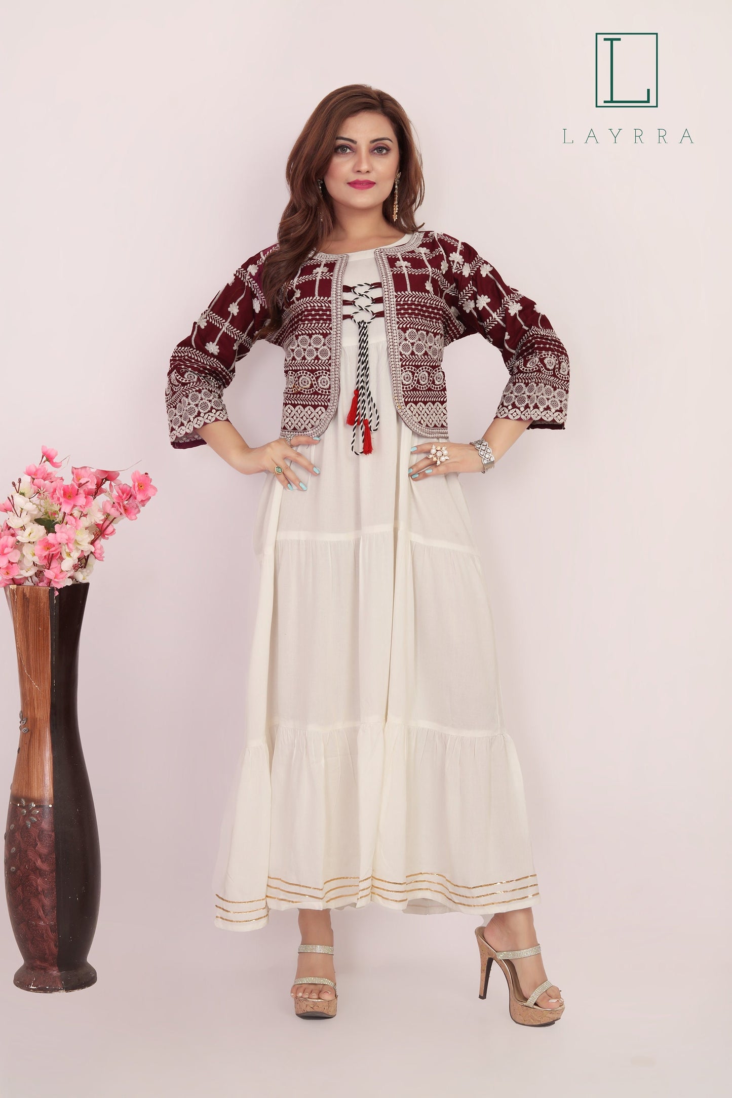 Women Wine Red, White & Golden Ethnic Koti Style Embroidered Kurta - Complete Set