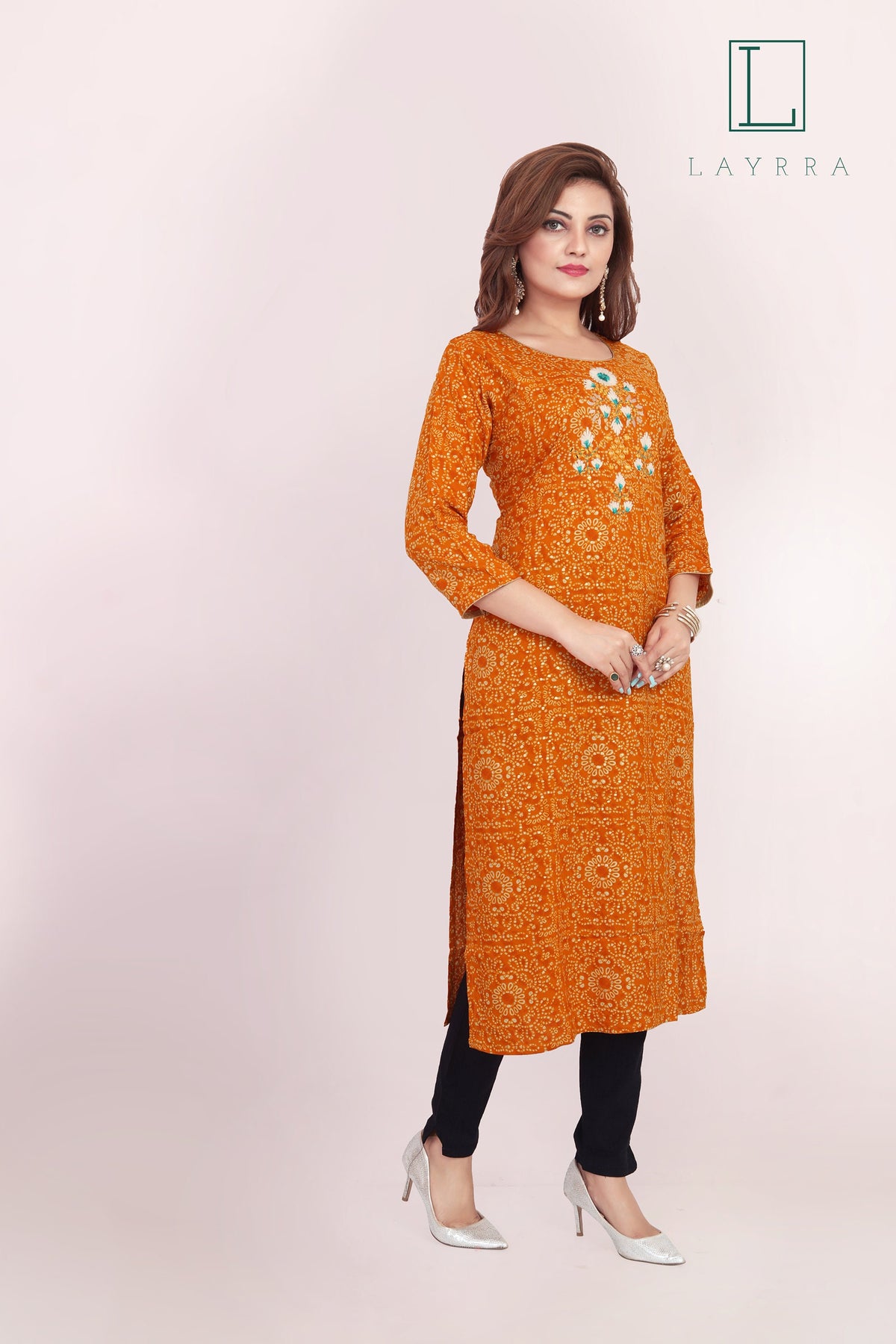 Women Orange Ethnic Bandhani Print Embroidered Mirror Work Kurta with Trousers