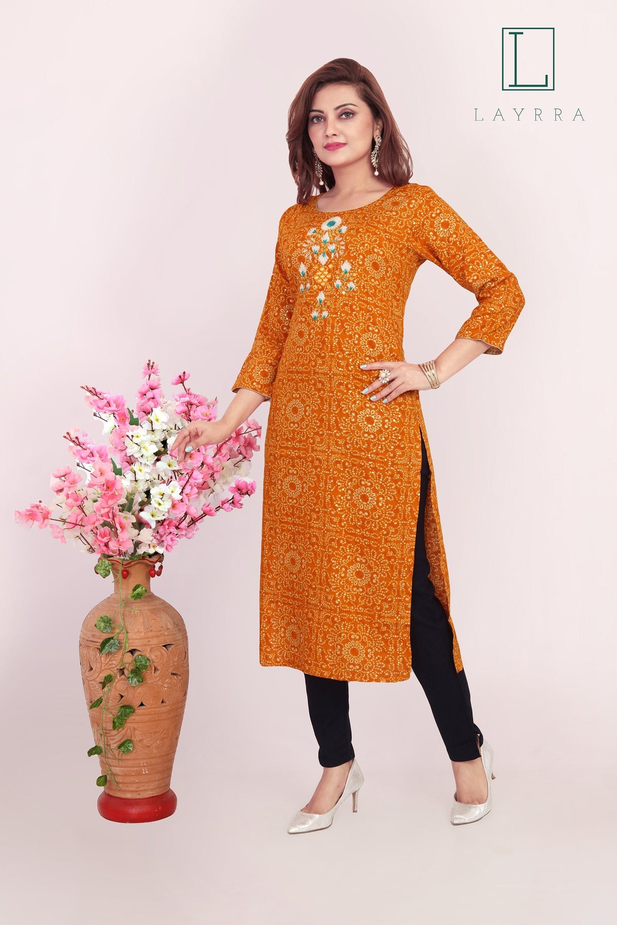 Women Orange Ethnic Bandhani Print Embroidered Mirror Work Kurta with Trousers
