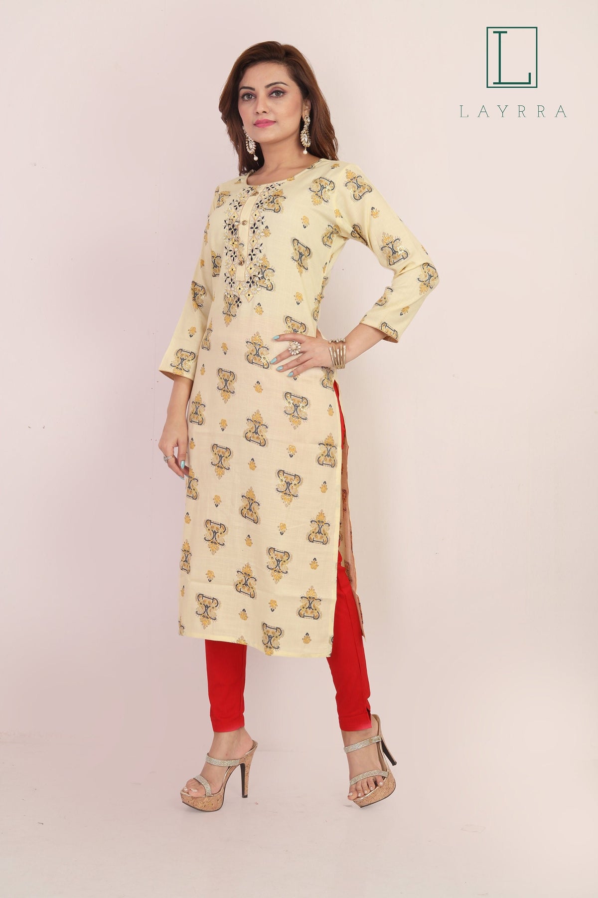 Women Light Yellow Ethnic Motifs Print Embroidered Mirror Work Kurta with Trousers