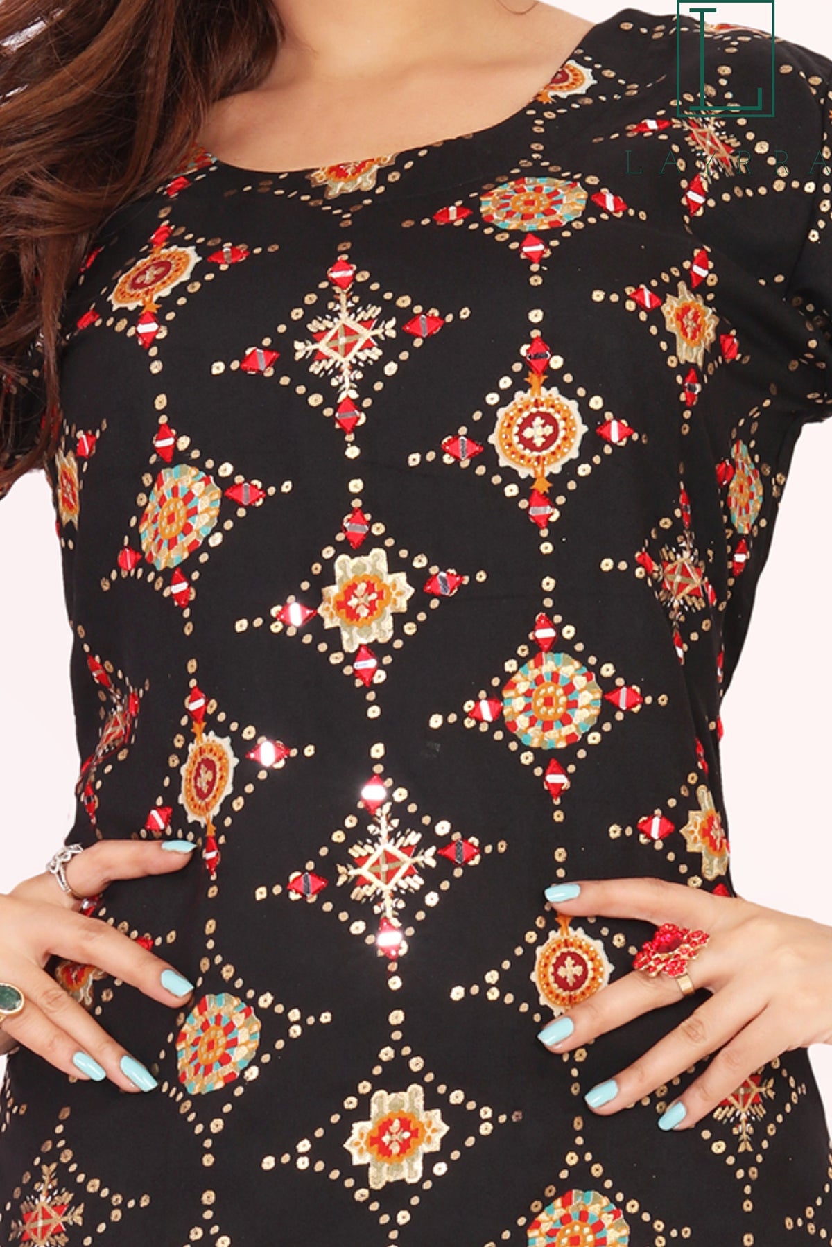 Women Black & Gold Ethnic Motifs Print Embroidered Mirror Work Kurta with Trousers