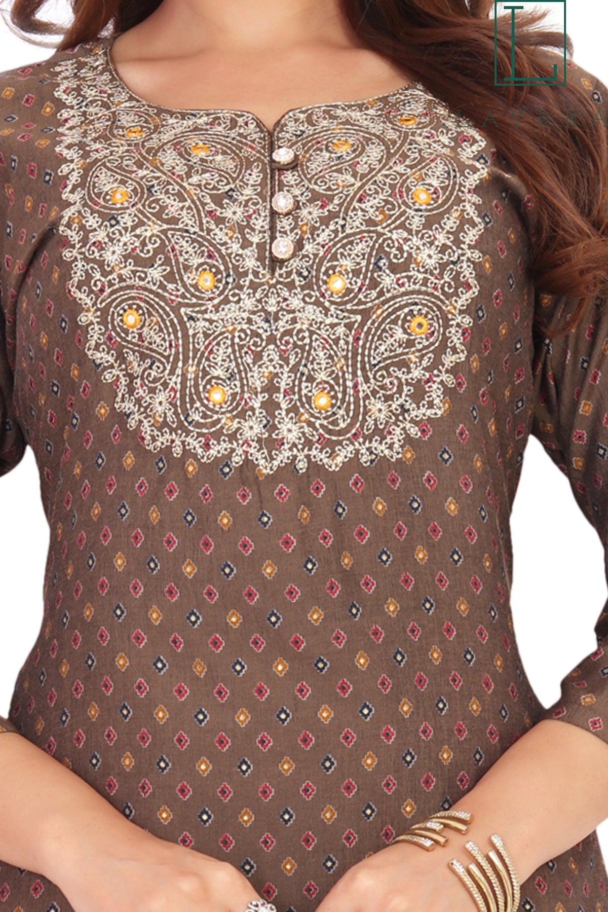 Women Brown & White Ethnic Diamond Print Embroidered Kurta with Trousers