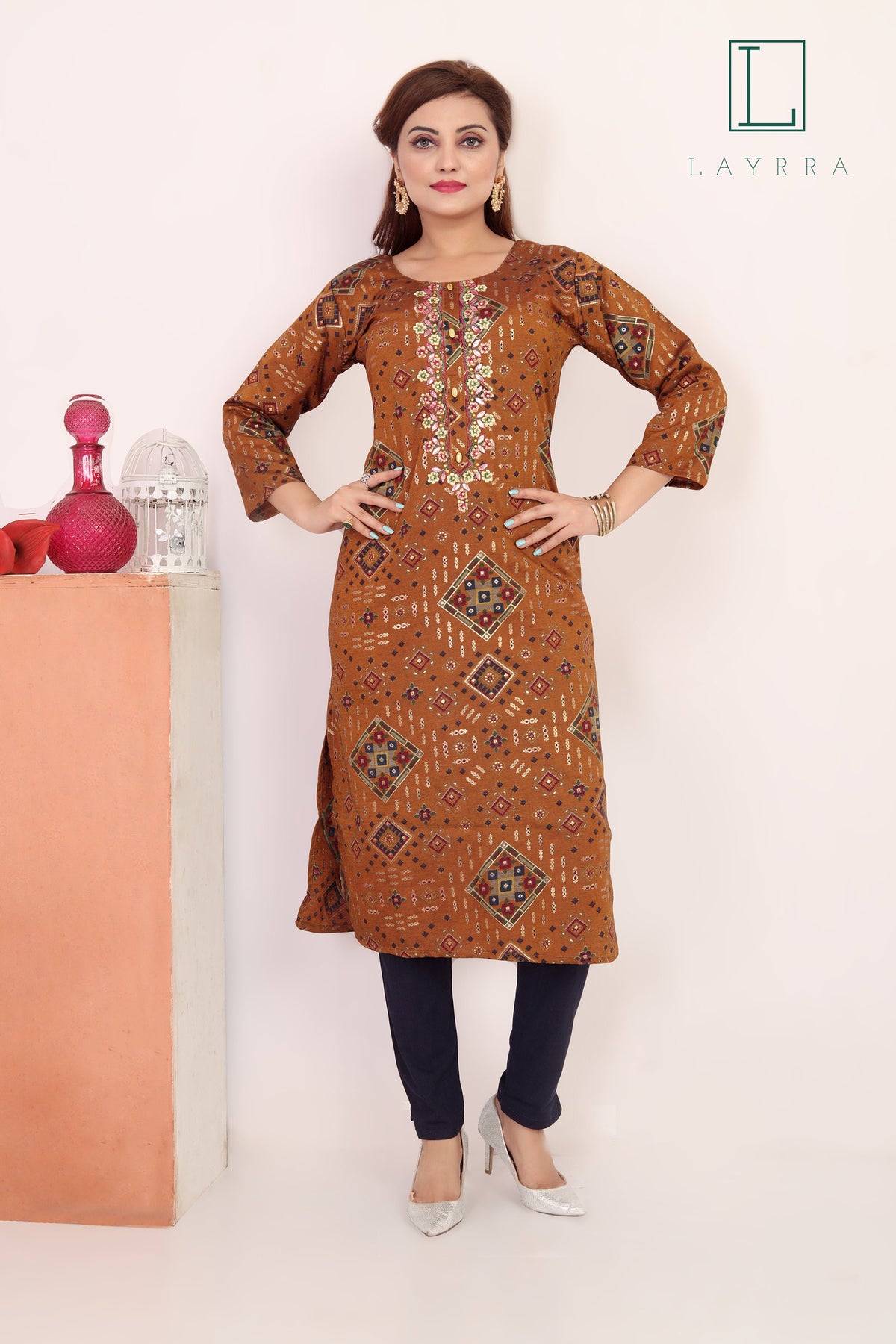 Women Mud Brown & Gold Ethnic Motifs Print Embroidered Kurta with Trousers