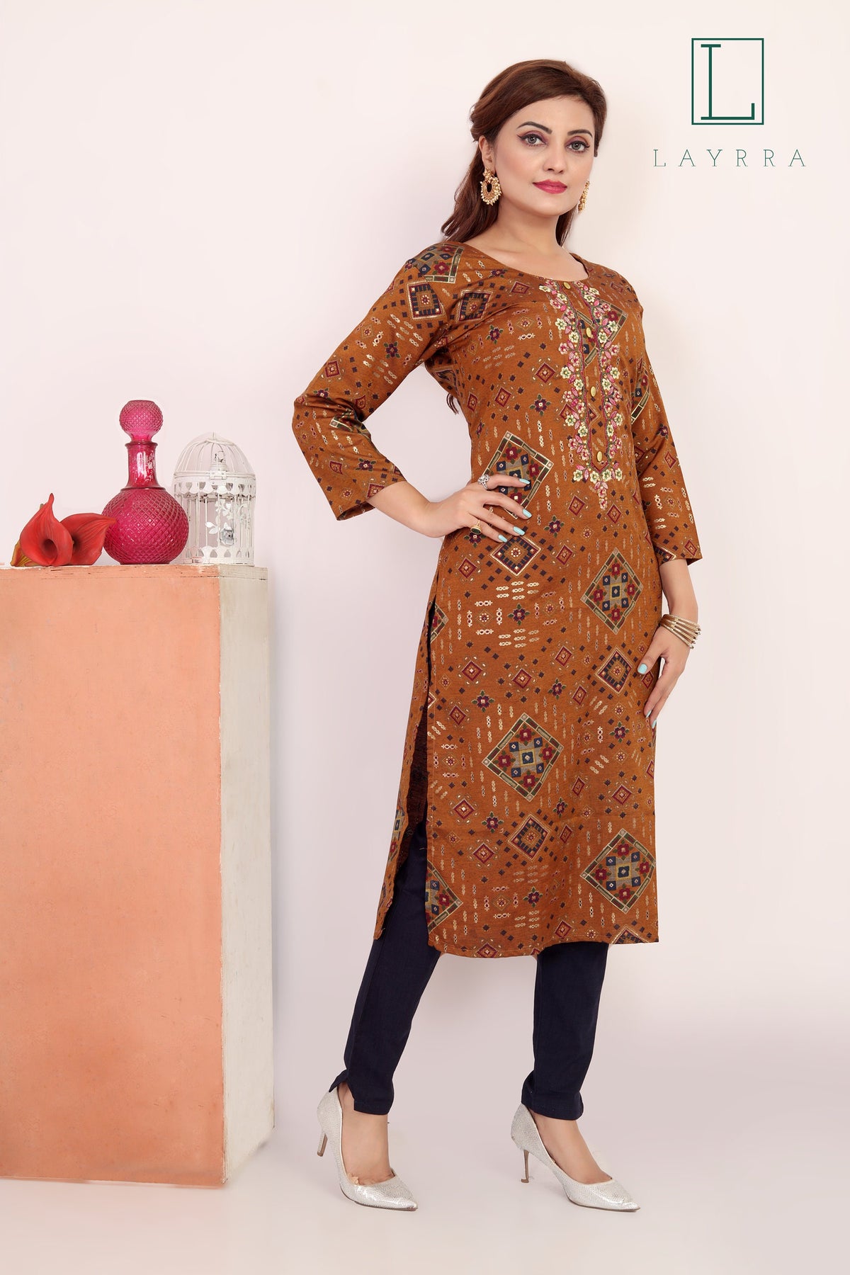 Women Mud Brown & Gold Ethnic Motifs Print Embroidered Kurta with Trousers