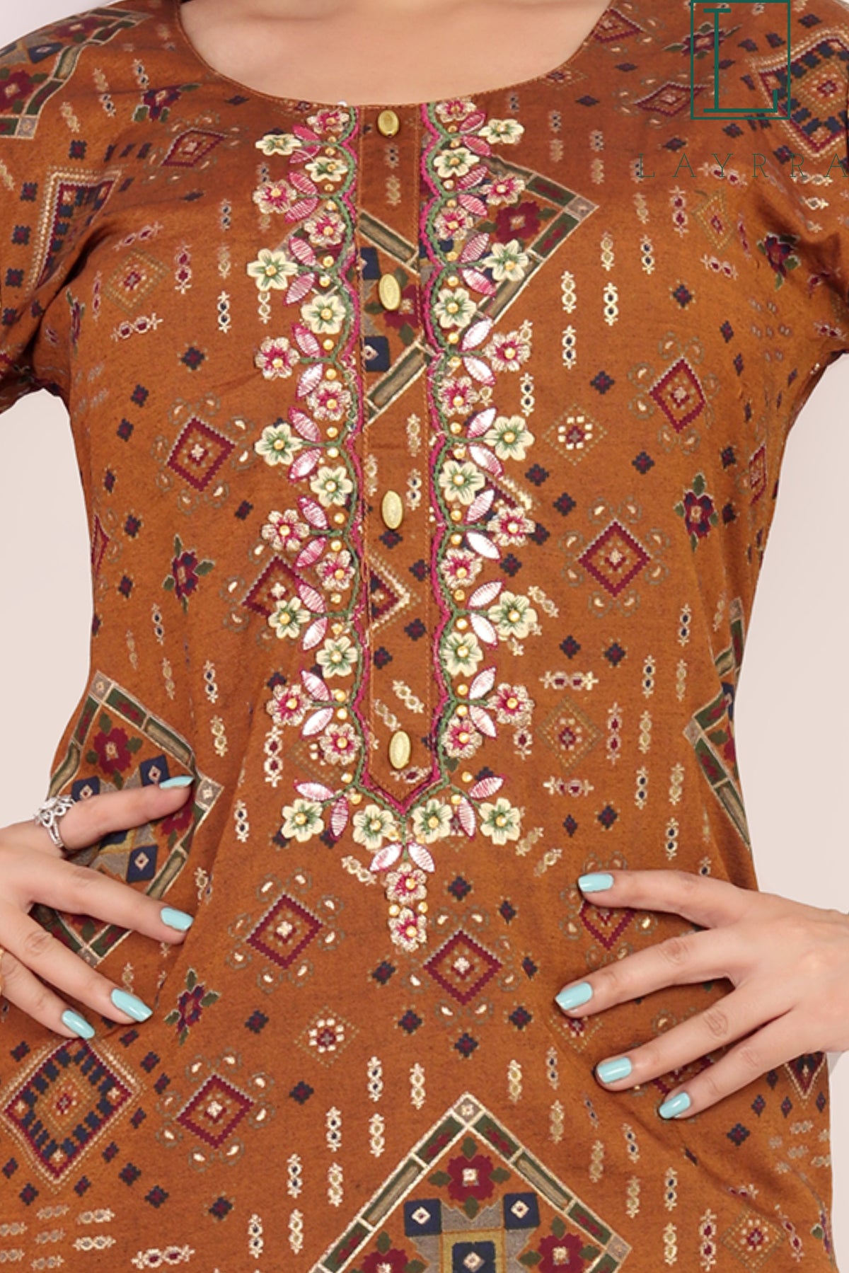 Women Mud Brown & Gold Ethnic Motifs Print Embroidered Kurta with Trousers