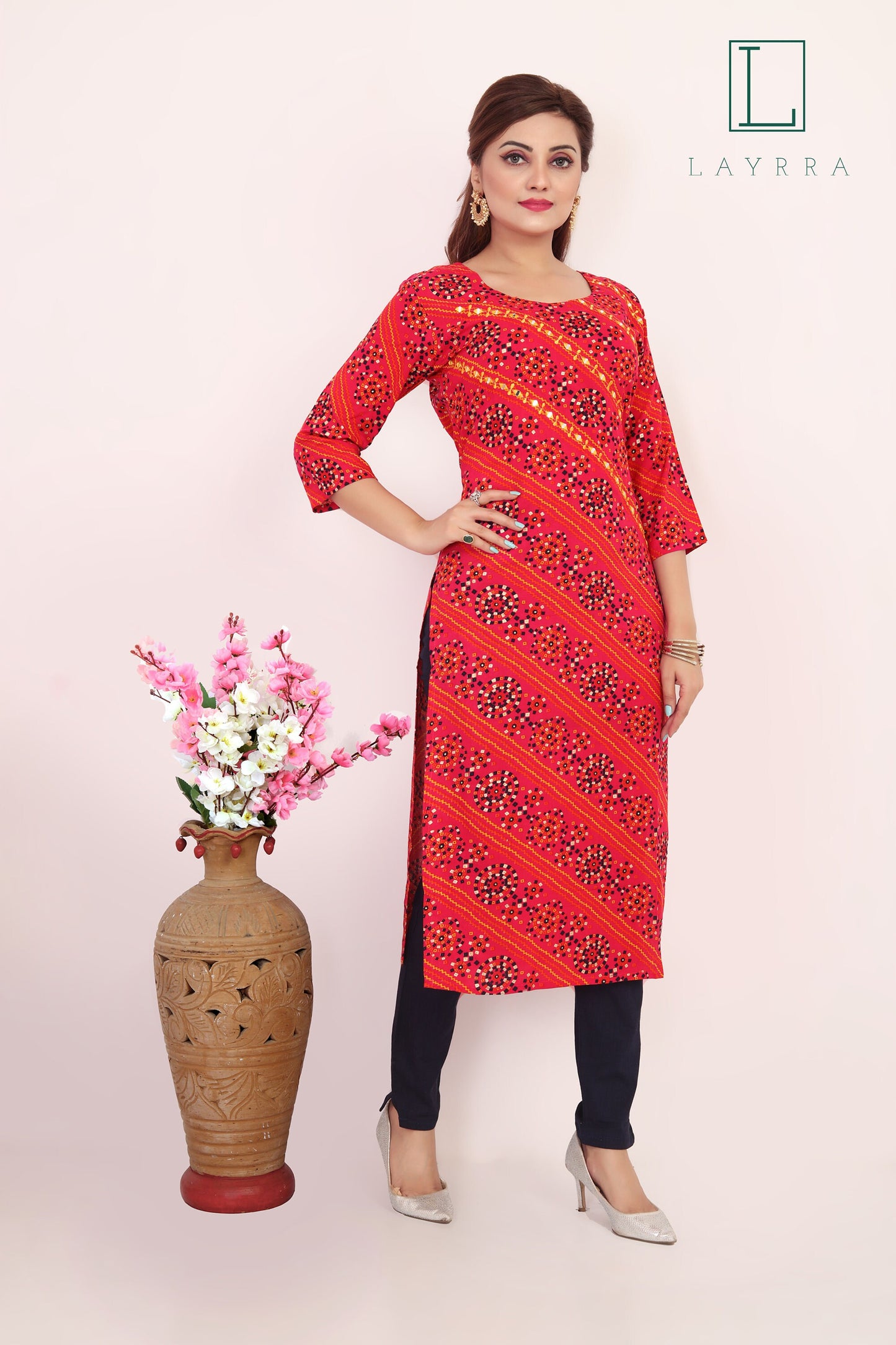 Women Pink & Gold Ethnic Bandhani Print Embroidered Mirror Work Kurta with Trousers