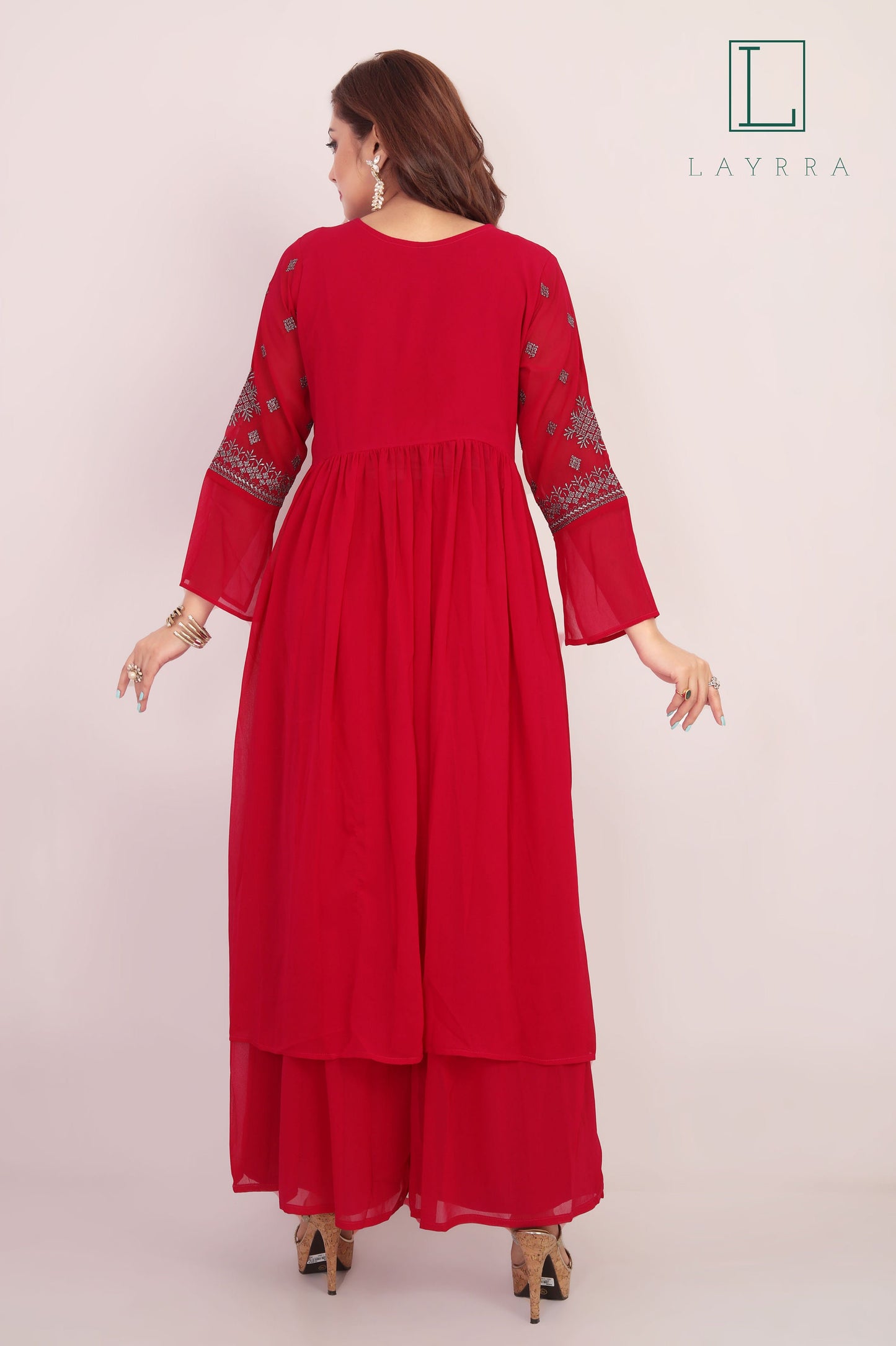 Women Wine Red & Silver Ethnic Embroidered Kurta with Palazzos and with Dupatta - Complete Set
