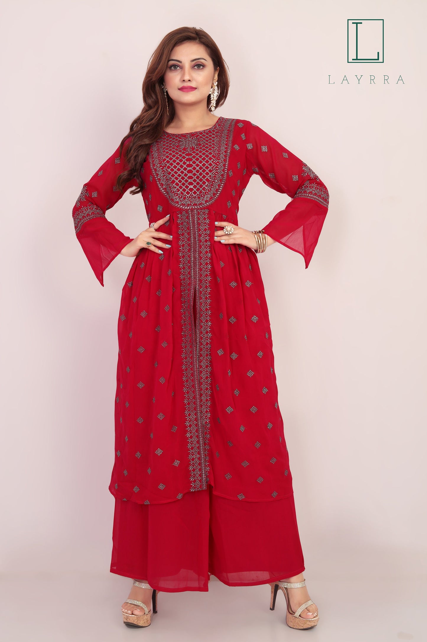 Women Wine Red & Silver Ethnic Embroidered Kurta with Palazzos and with Dupatta - Complete Set